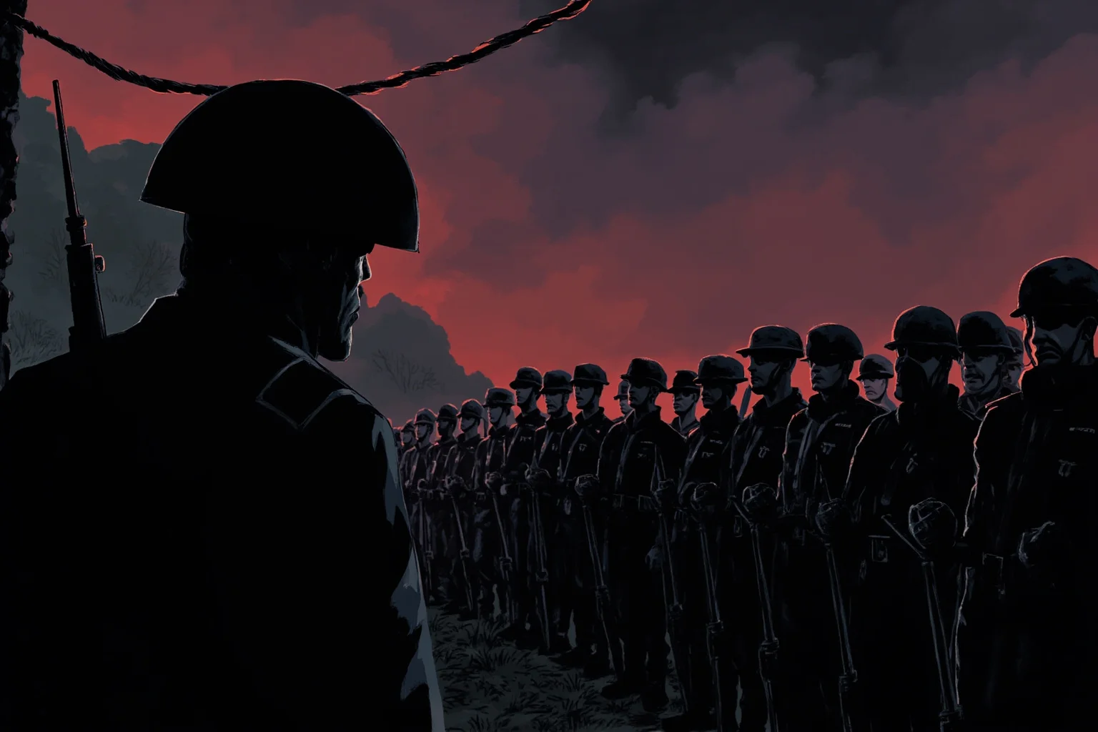 The Mad Baron Who Conquered Mongolia: The Bloody Life of Roman von Ungern-Sternberg 16 A grim military officer overseeing a tense lineup of soldiers at dusk, shadowy illustrative style