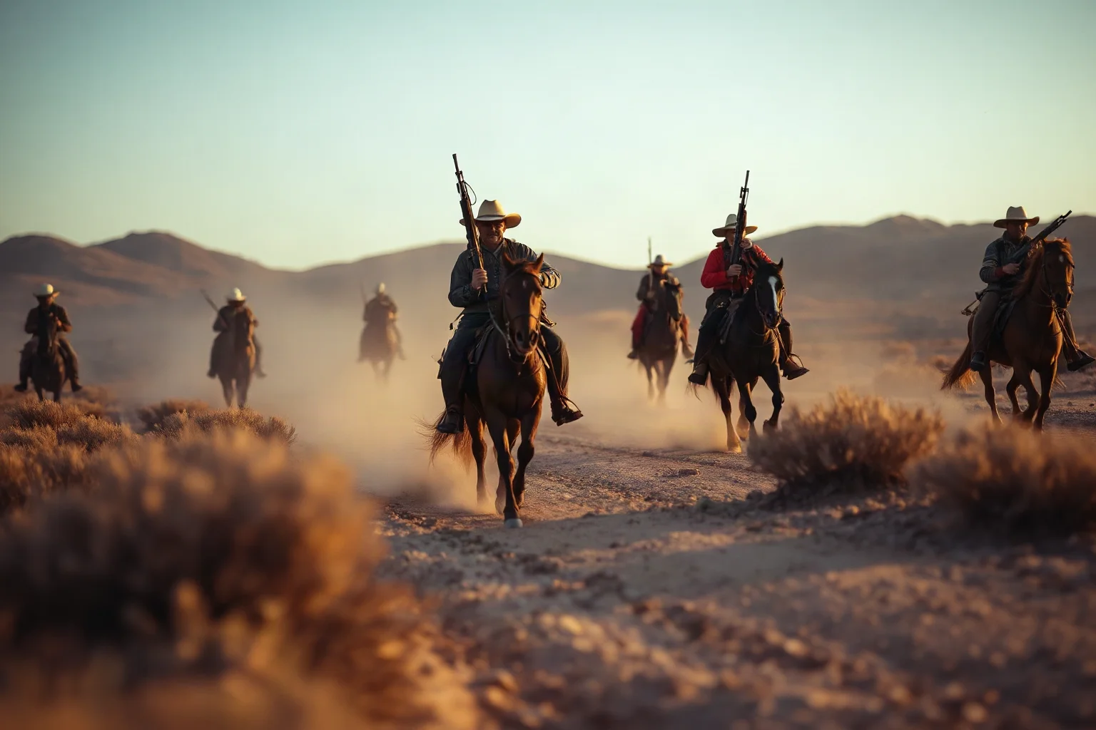 A grim posse of riders with rifles moving through desert scrubland at dawn