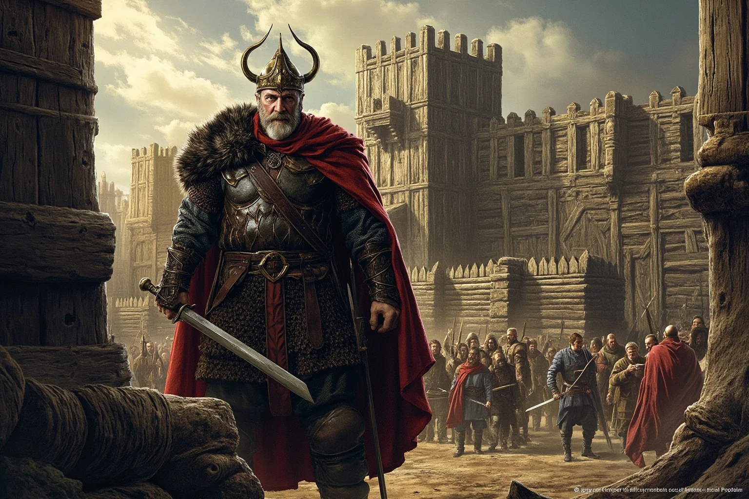 20 Greatest Vikings in History 13 A grim Viking warrior-king standing before the wooden walls of a fortified English city, historical illustration style
