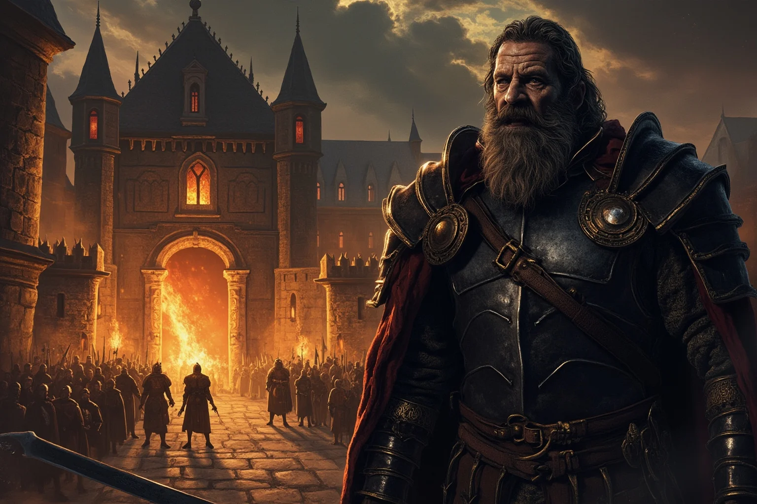 A grim Wallachian warlord in dark armor standing before a torch-lit castle courtyard, illustrative historical painting style
