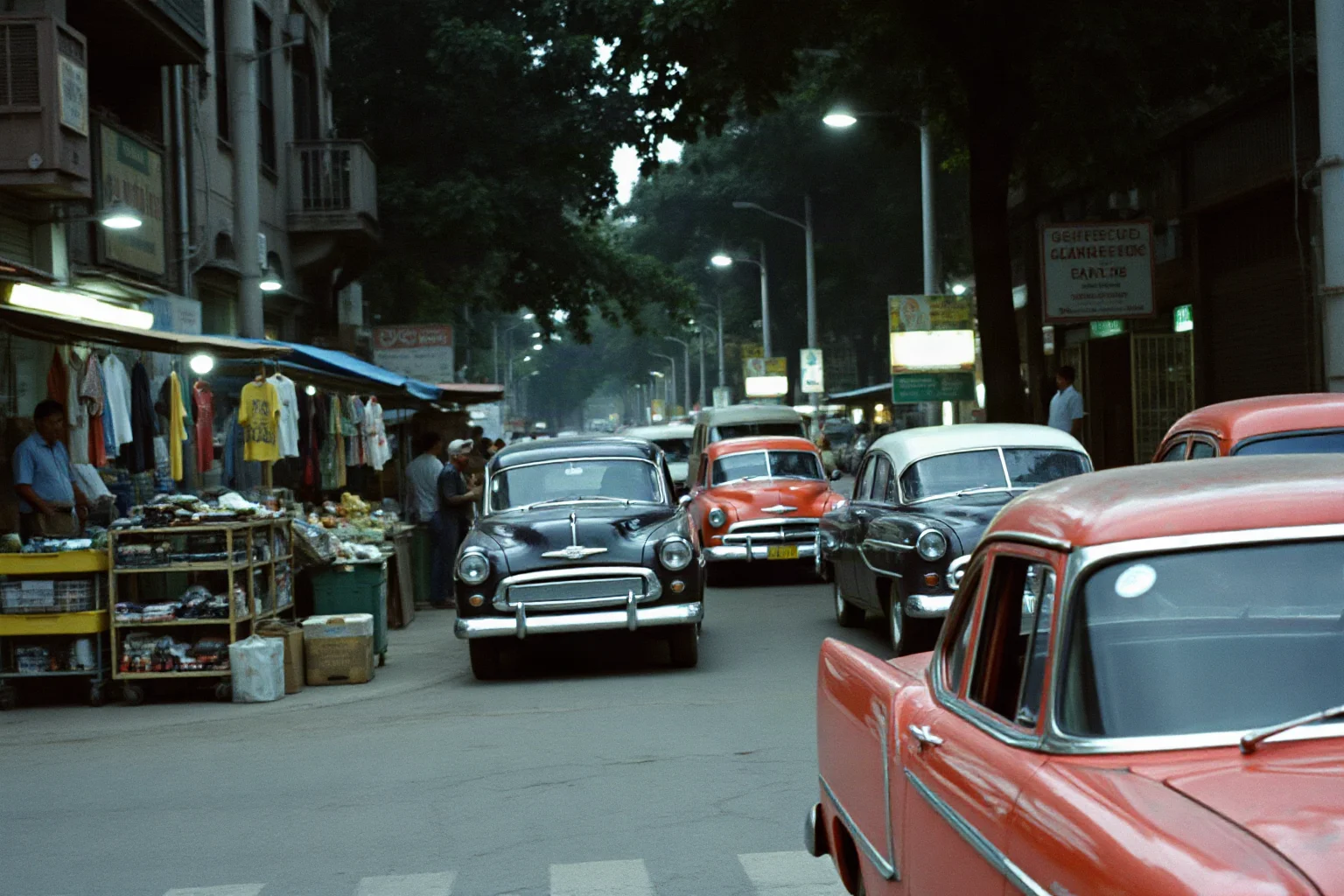 A gritty 1960s Medellín street scene with market stalls and old cars, evoking a young street hustler's world