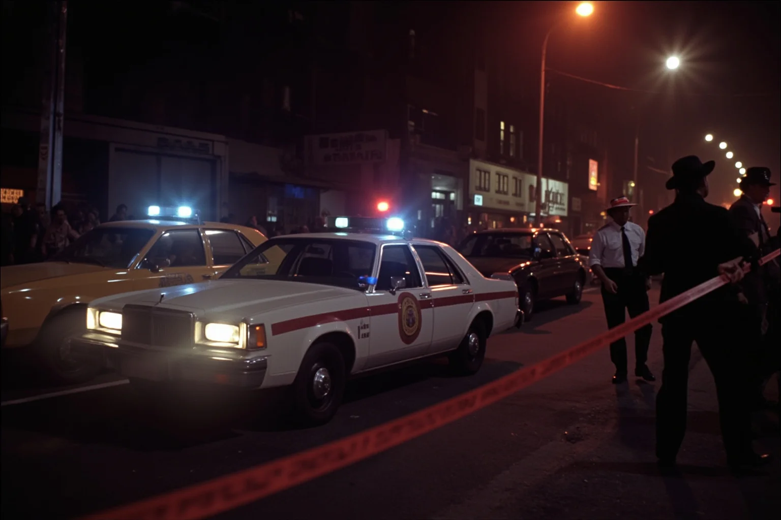 A gritty 1970s New York City street scene at night with police tape and flashing lights