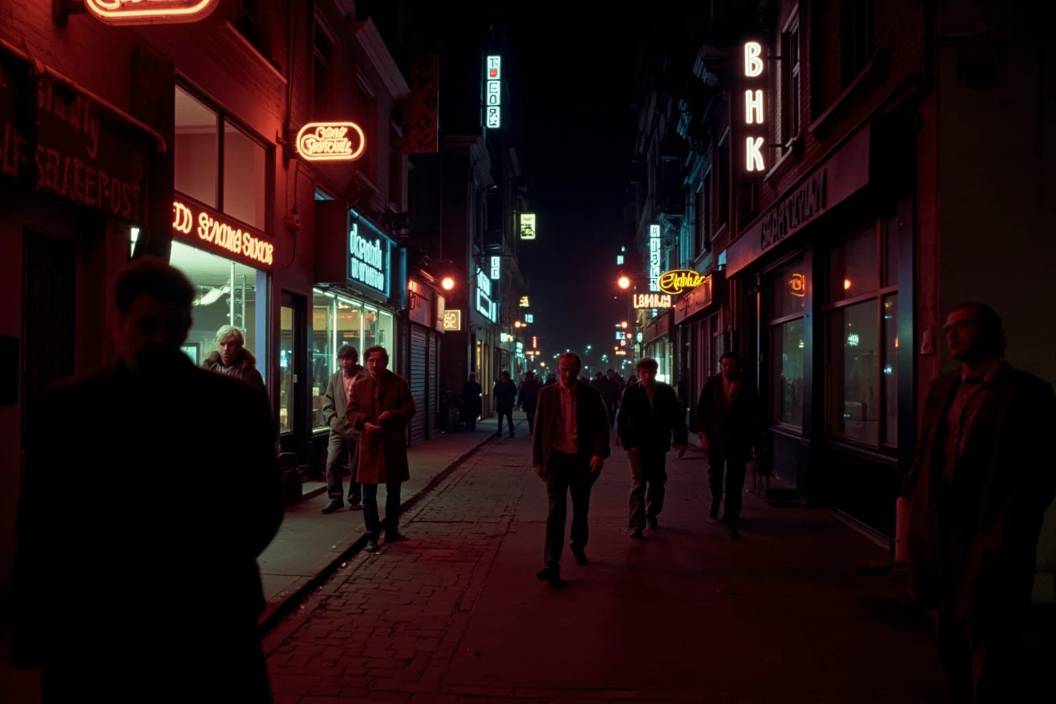 Incredible Facts About the Beatles' Greatest Band History 7 A gritty, neon-lit German nightclub street scene at night, 1960s Hamburg atmosphere