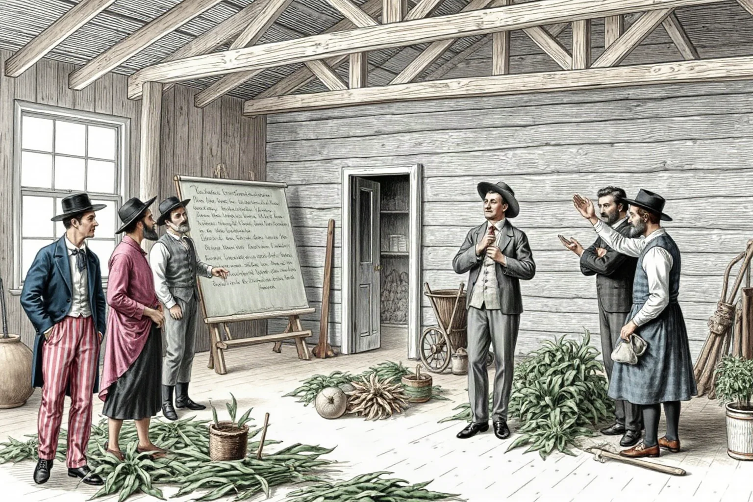 A group of 19th-century farmers examining new crop varieties and tools in a rural meeting hall, historical illustration