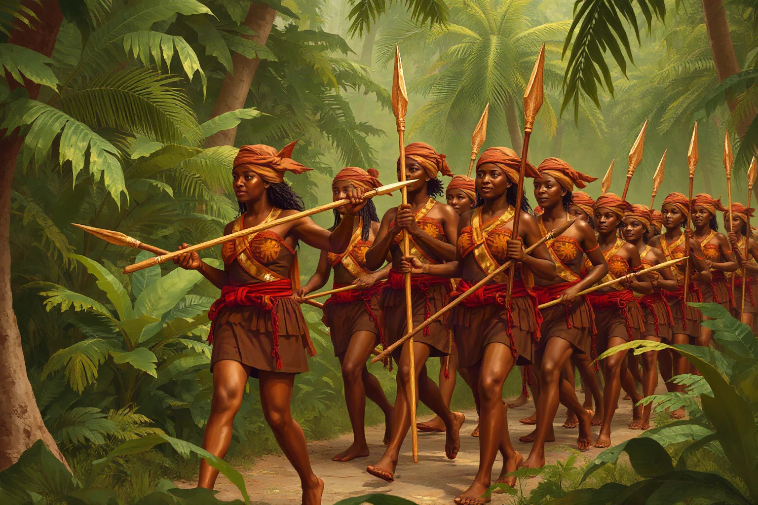 A group of African women warriors in matching uniforms marching with spears through dense jungle terrain, historical illustration