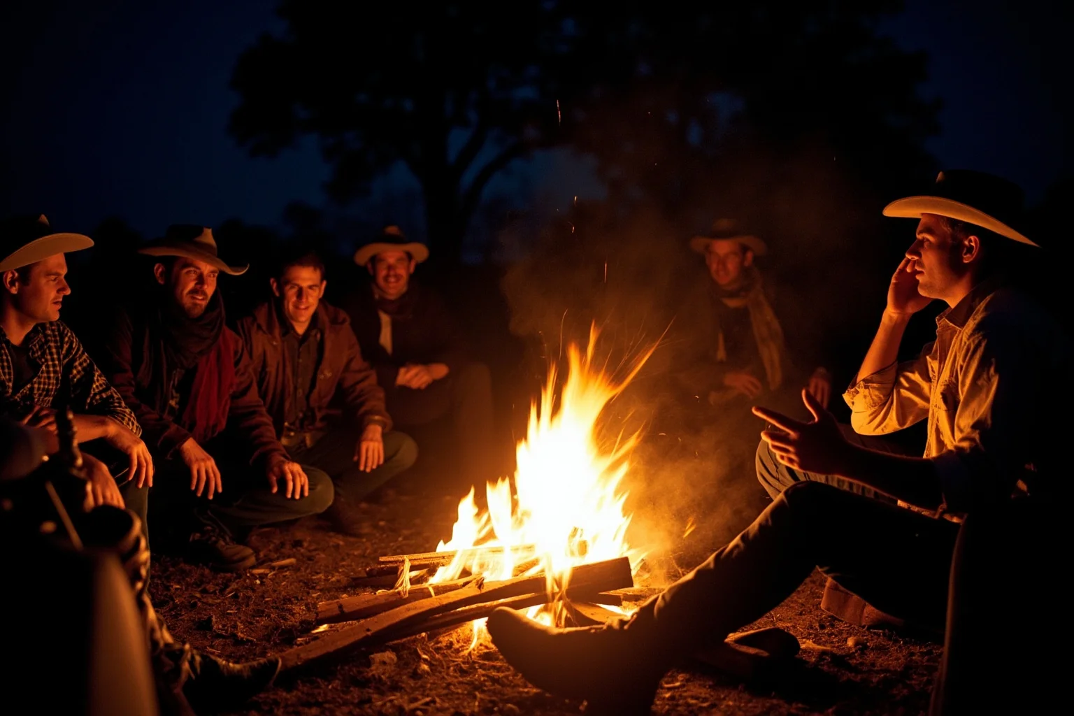 Hilarious Slang Terms From The Wild West 18 A group of cowboys sitting around a campfire at night, one gesturing dramatically while telling an exaggerated story