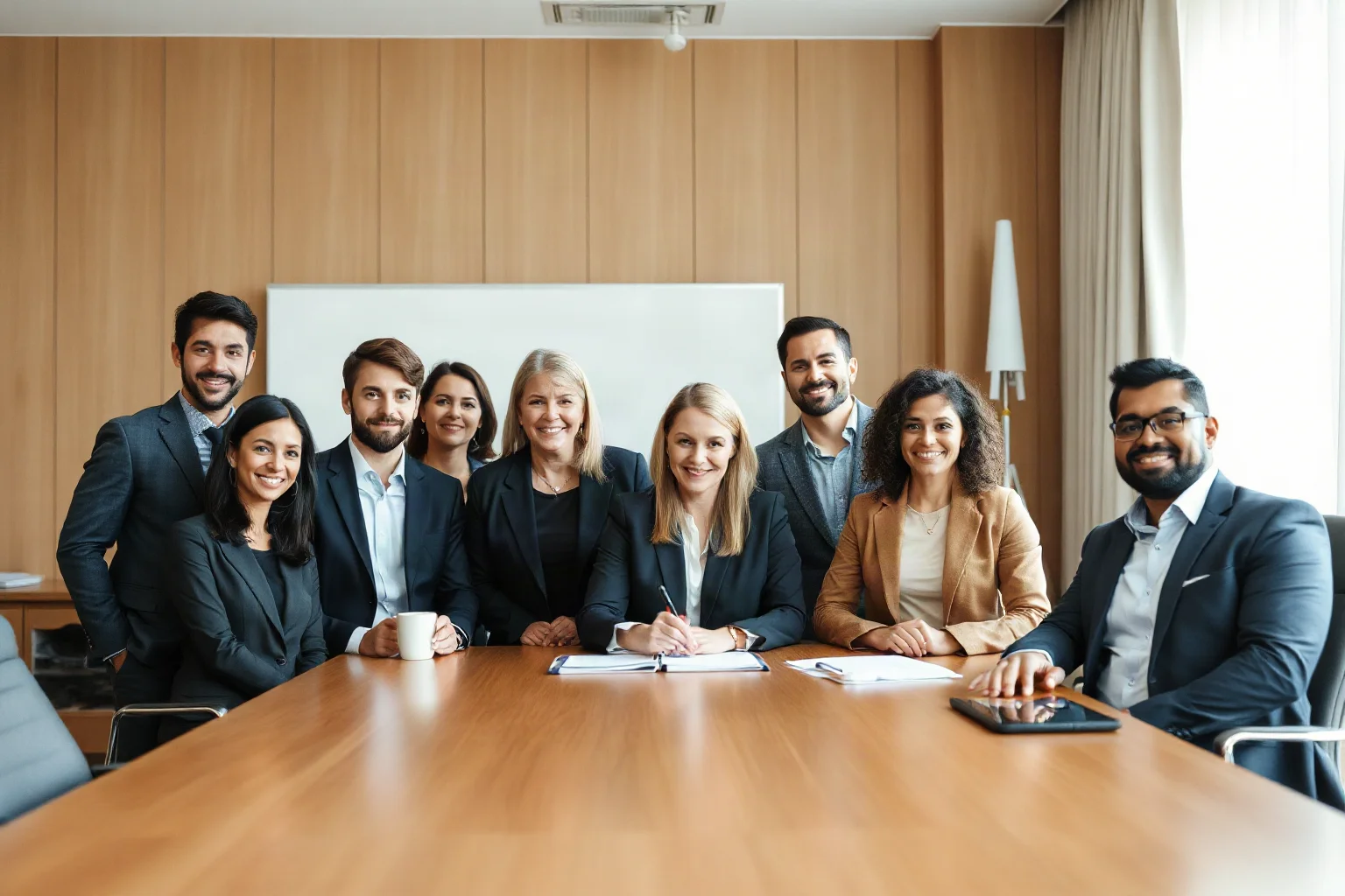 A group of diverse modern professionals in a boardroom setting, symbolic and non-identifiable