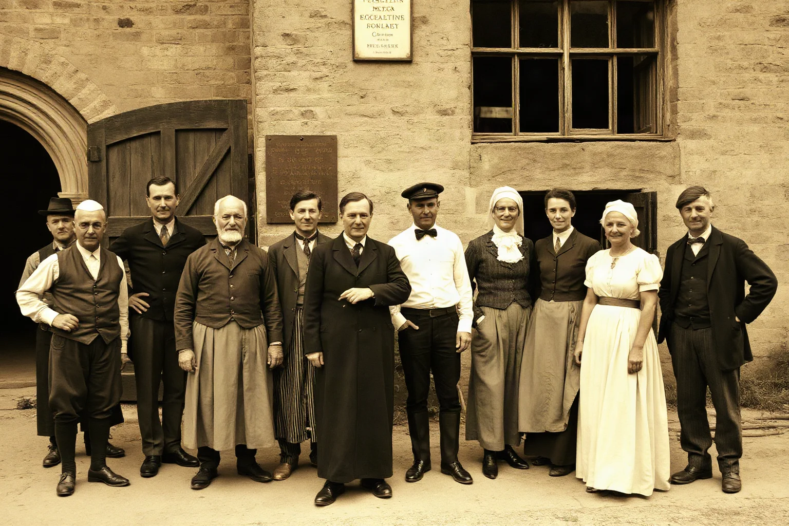 A group of diverse workers and clerks outside a 19th-century factory, representing new job opportunities