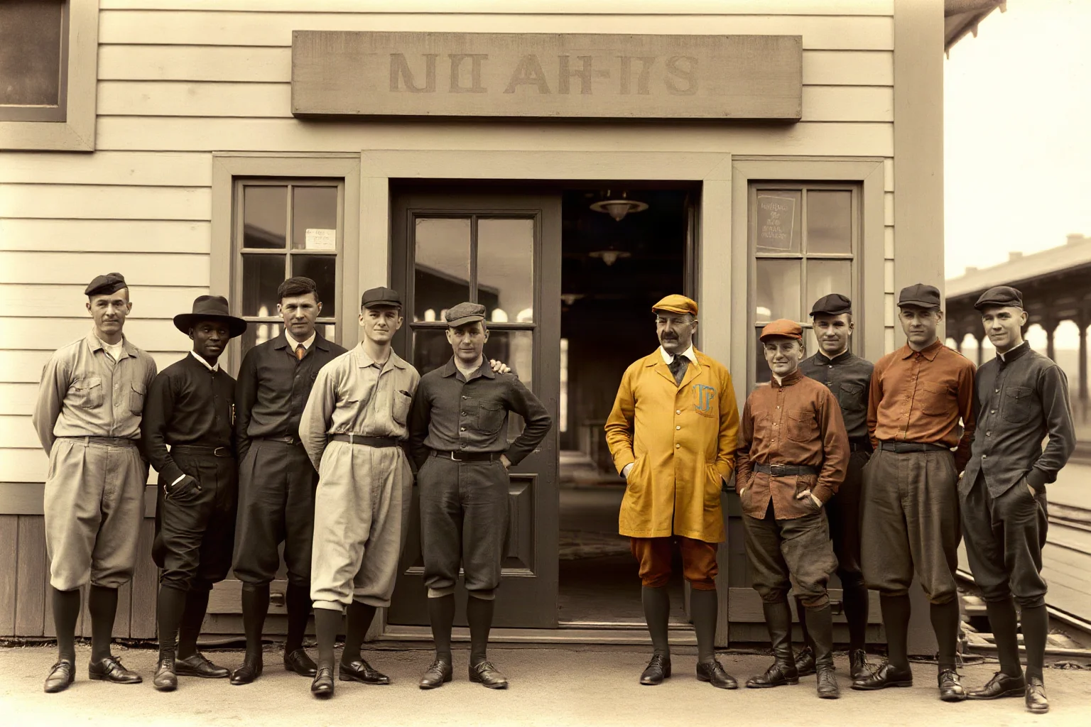 A group of early 1900s baseball players in different colored wool uniforms standing together outside a train station, symbolizing team changes