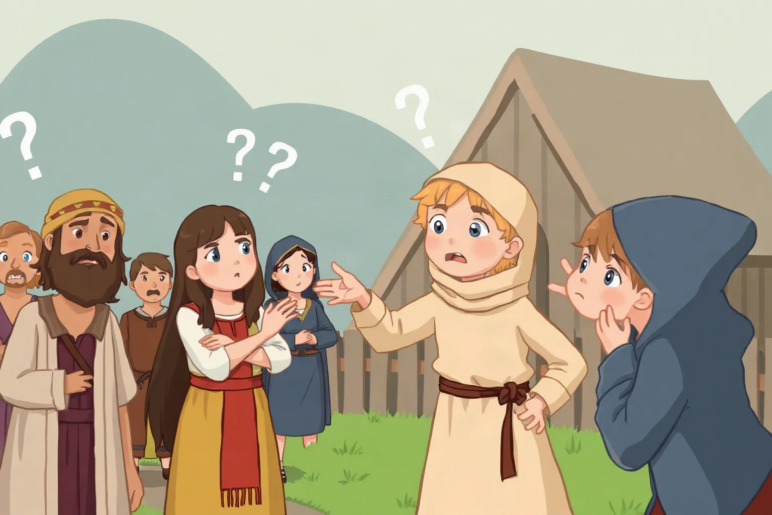 A group of medieval villagers looking confused while two mysterious children gesture, unable to communicate, illustrative style
