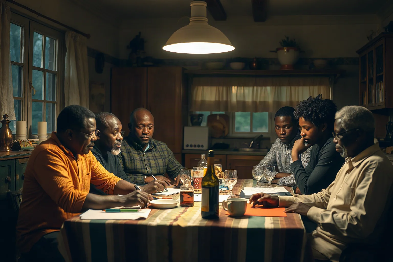 A group of ordinary Black men and women gathered around a kitchen table planning quietly by lamplight