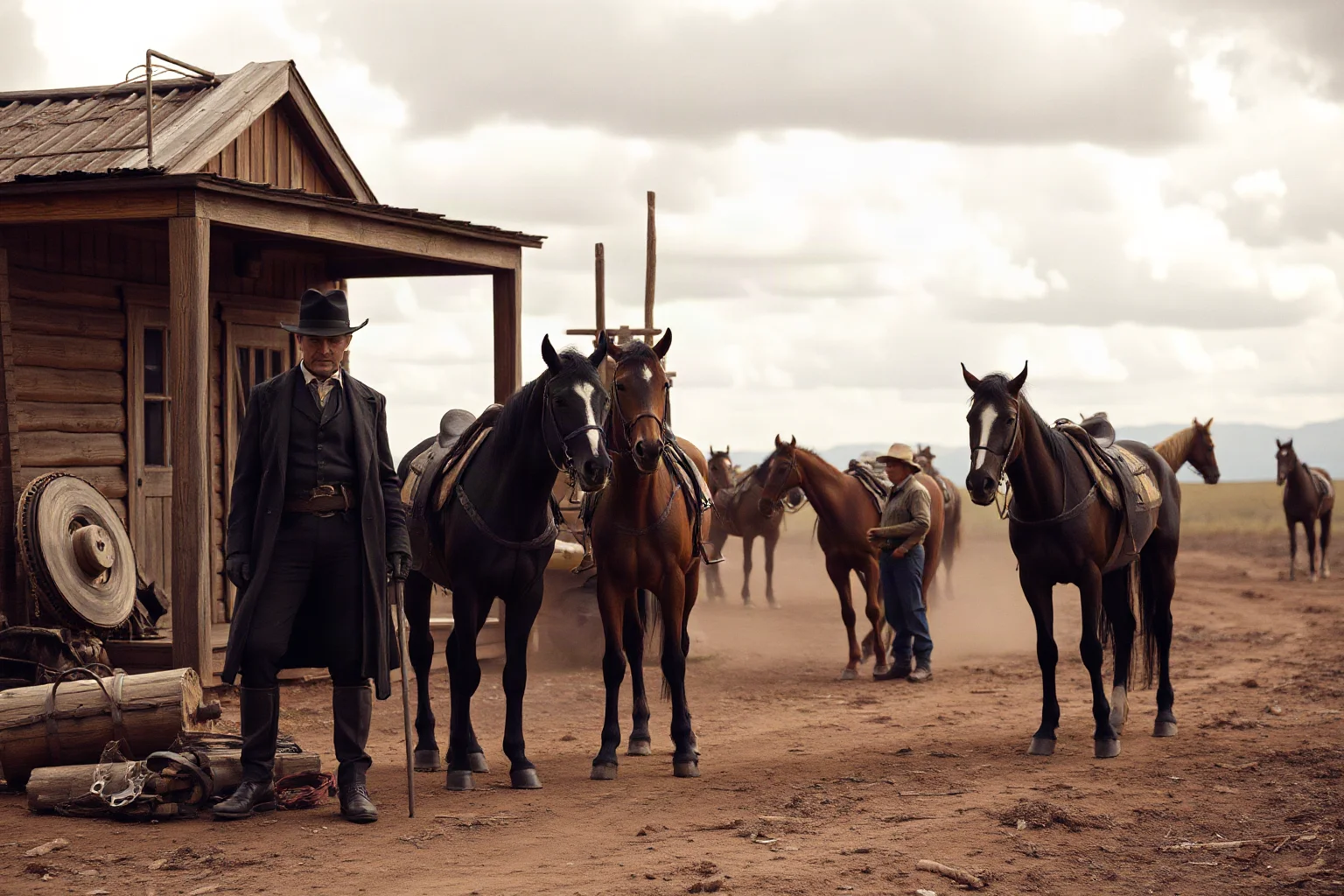 A group of outlaw gang members regrouping near horses after a botched bank raid
