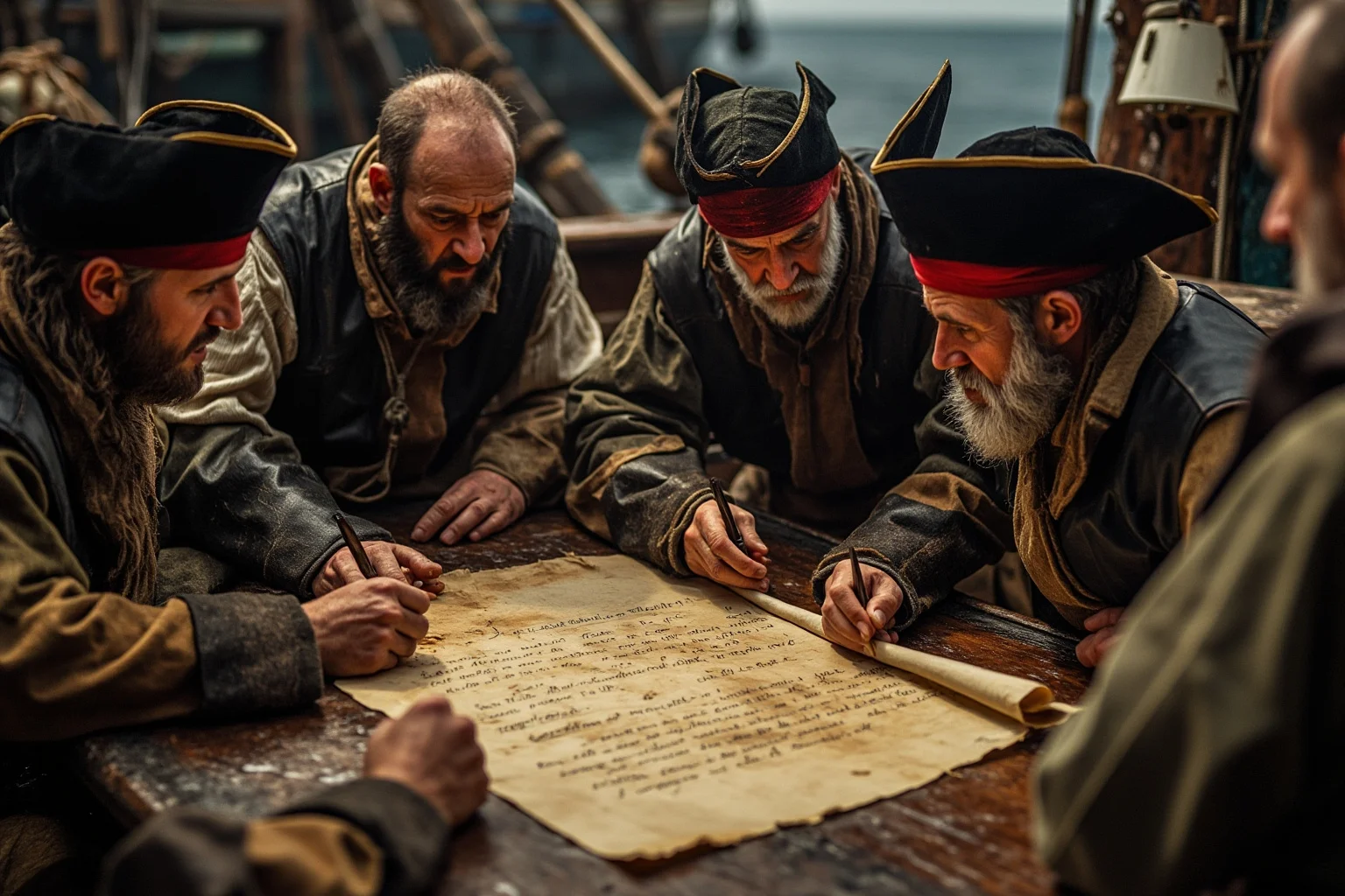A group of rough sailors gathered around a table signing a parchment document aboard a ship