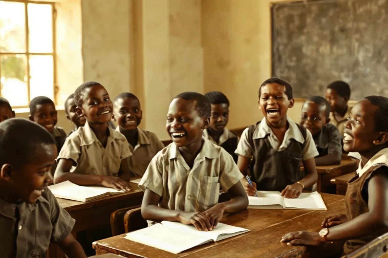 A group of schoolchildren in a 1960s African village classroom, mid laughter, historical illustration