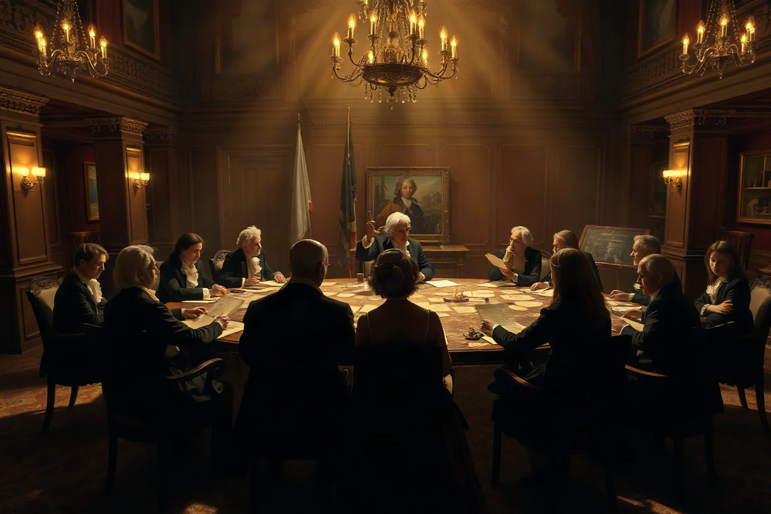A group of silhouetted 18th-century delegates seated around a large table in a formal hall, debating over parchment documents, warm lamplight, painterly style.