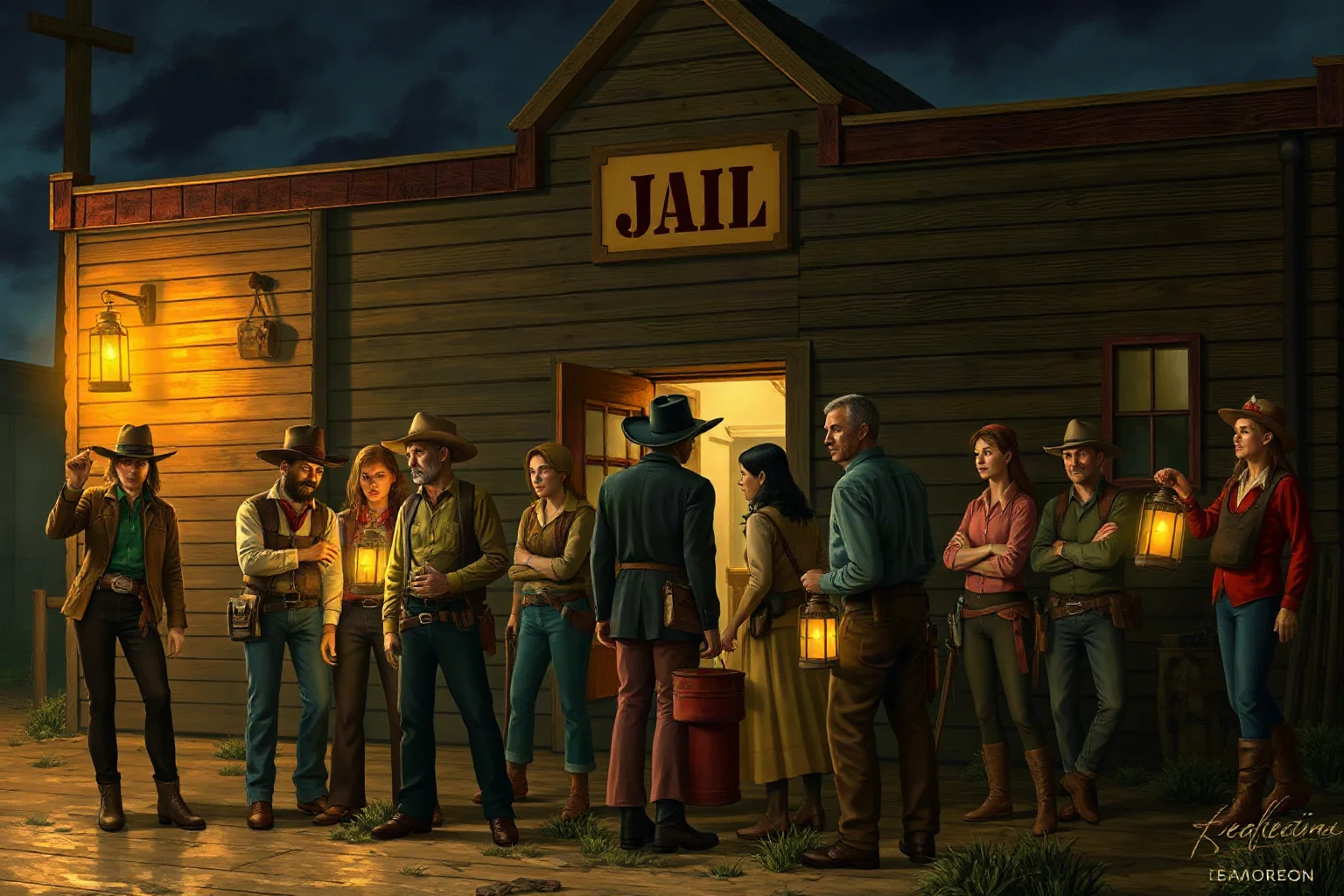A group of tense frontier townsfolk gathered outside a jail at night holding lanterns