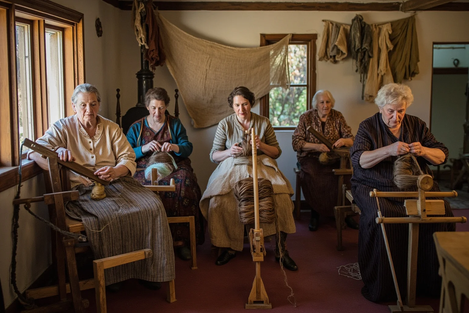A group of women spinning yarn at spinning wheels in a colonial home, with homespun cloth draped nearby