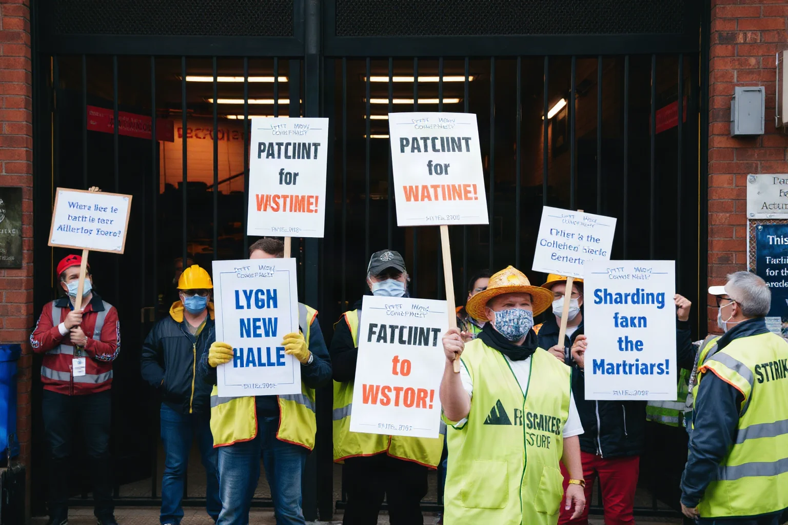 A group of workers on strike holding signs outside a factory gate