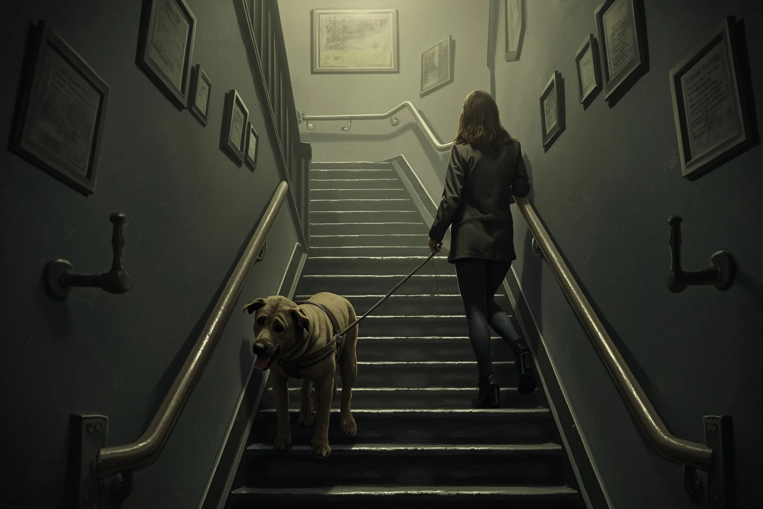 22 Animal Heroes Who Changed Human History 19 A guide dog leading a person down a smoky office stairwell, illustrative style, no real people