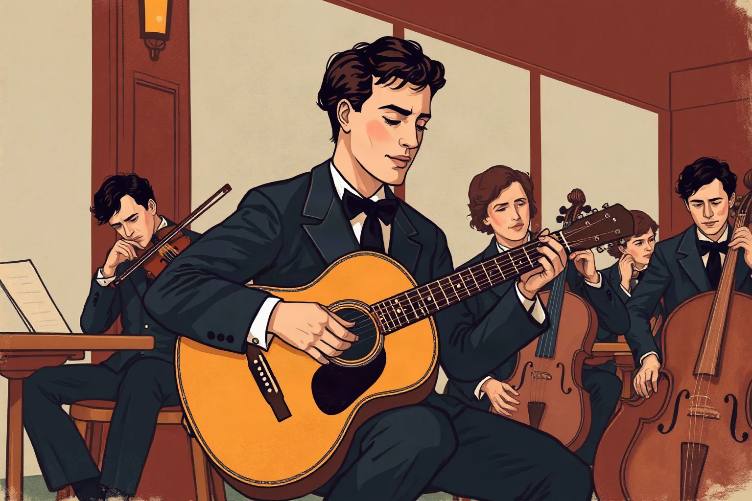 A guitarist playing acoustic gypsy jazz guitar with a small string ensemble, 1930s Paris café illustration