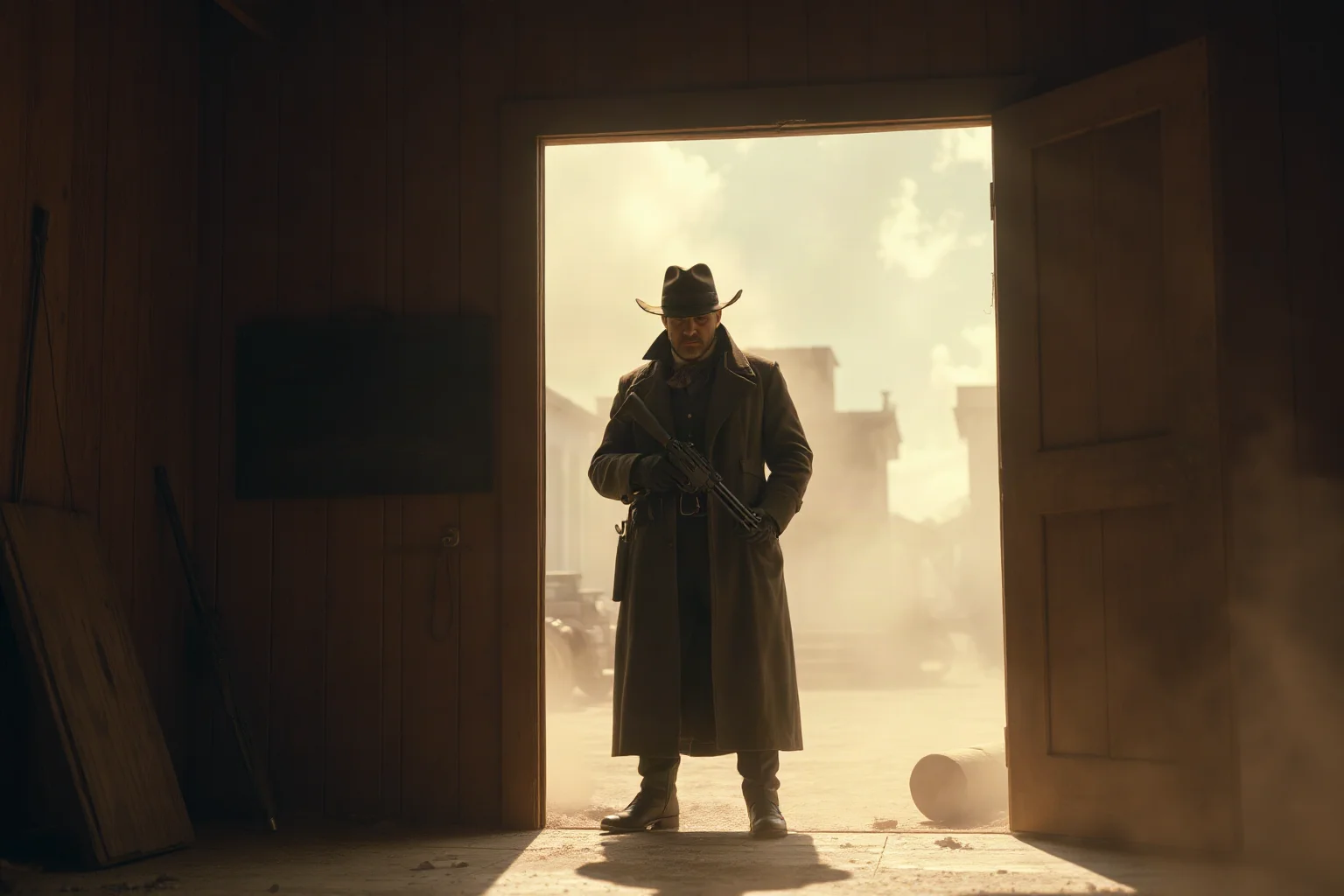 A gunfighter in a long coat standing in a dusty saloon doorway at high noon