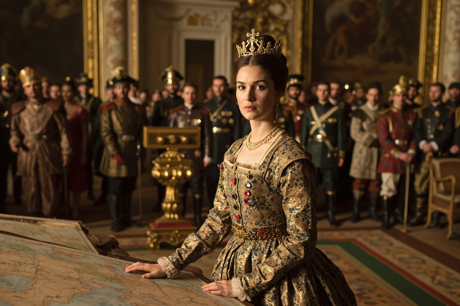 Wars Started By Women: The Rebel Queens Who Changed History 16 A Habsburg-era European empress in an ornate gown reviewing troops and battle maps in a grand palace hall