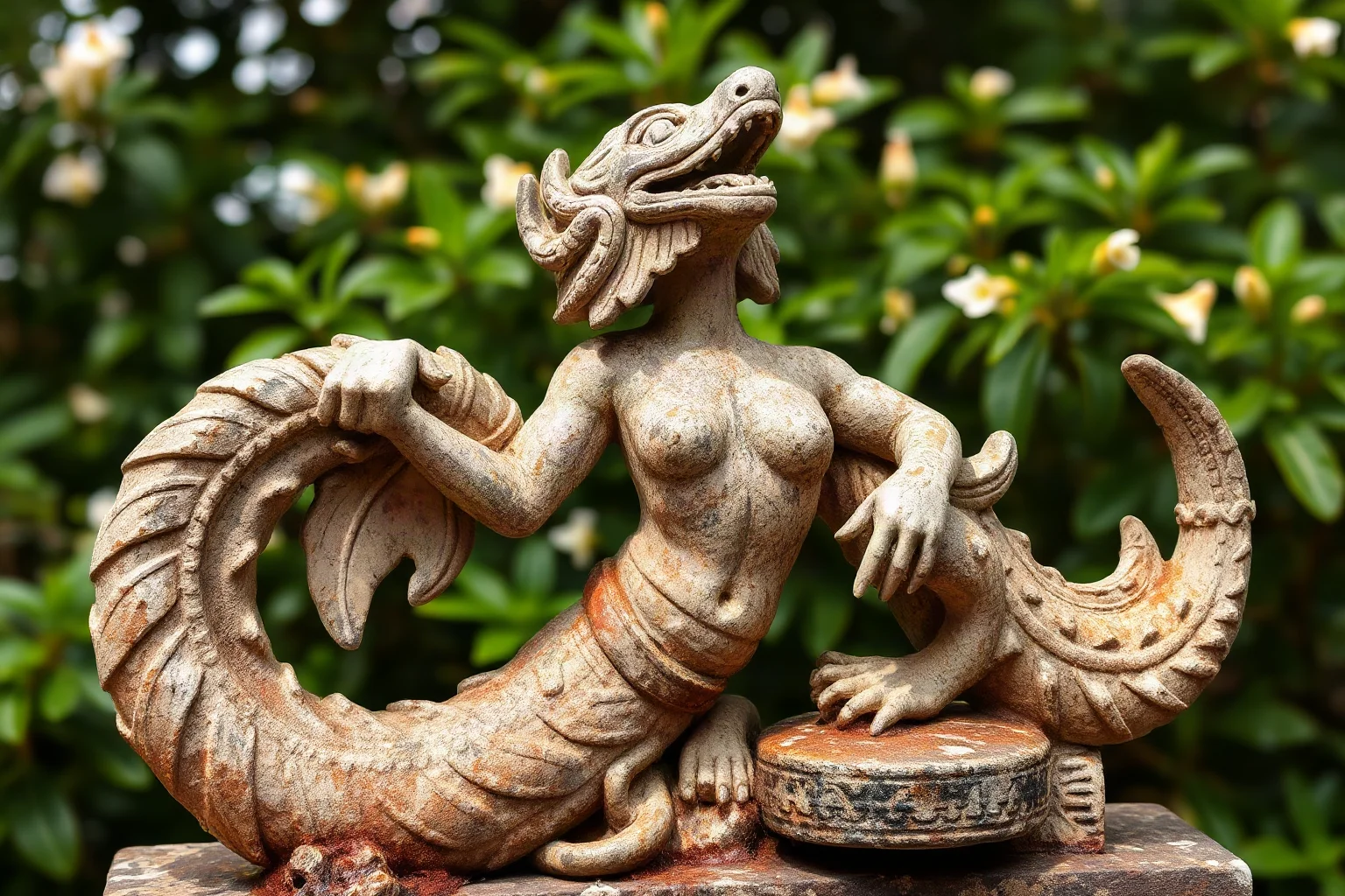 A half-human half-serpent naga figure carved in the style of ancient Southeast Asian temple stone