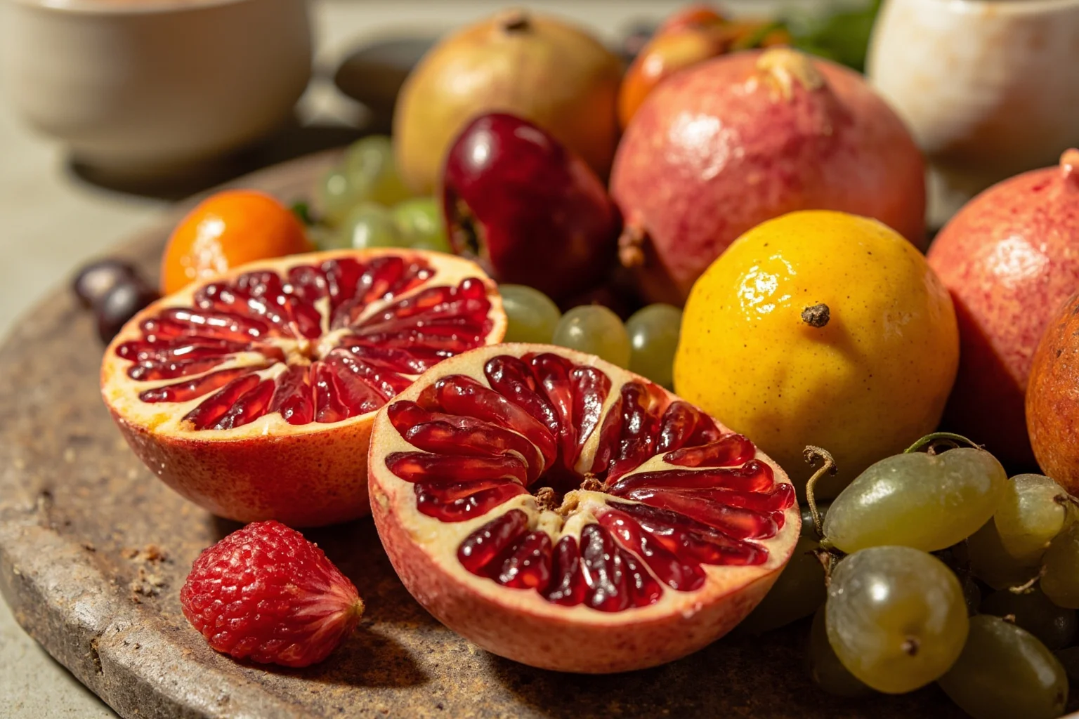 Ancient Greek Diet: 20 Foods Ancient Greeks Ate on a Daily Basis 20 A halved pomegranate and assorted seasonal fruit arranged on a stone plate, ancient Greek style