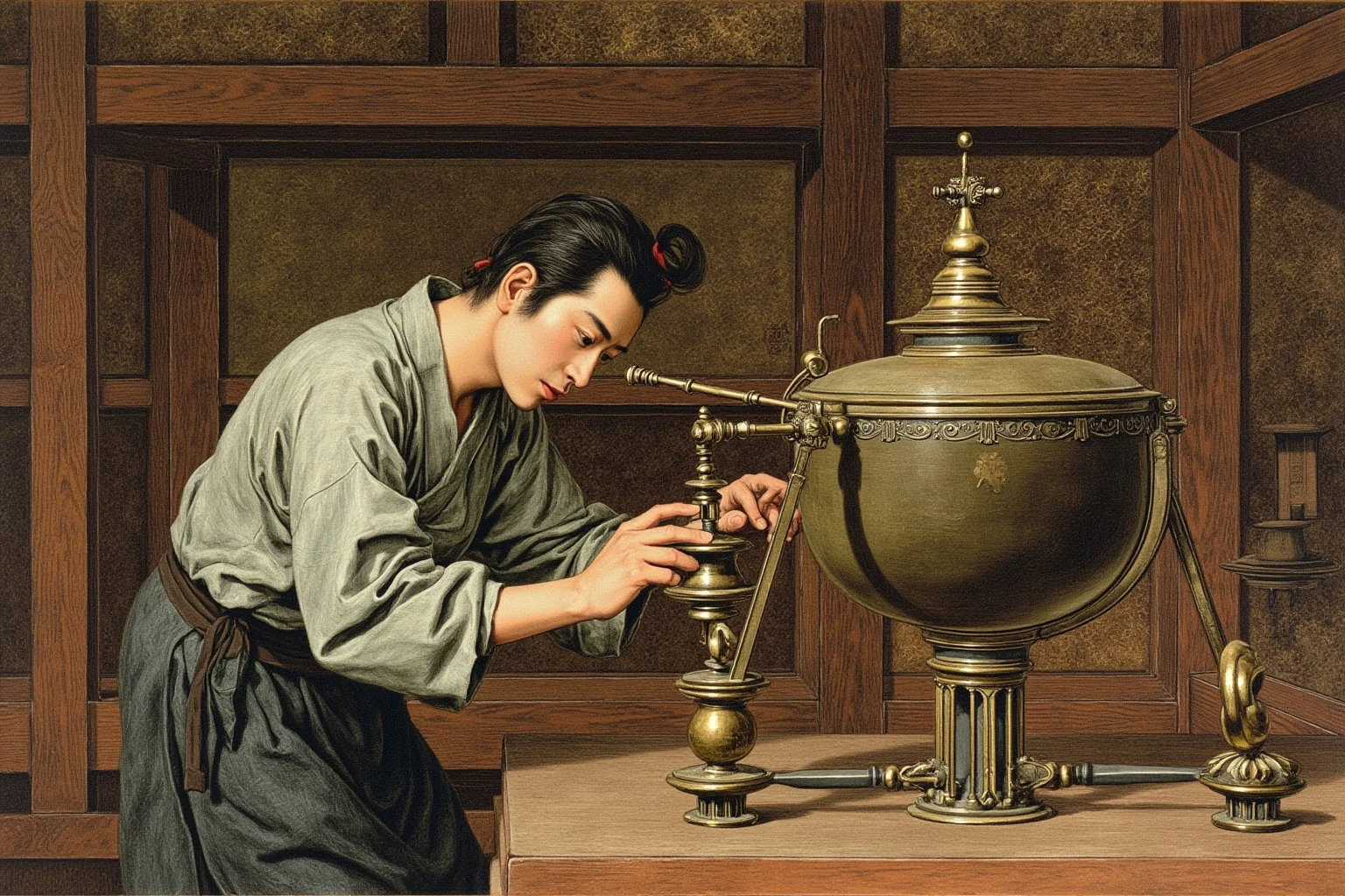 A Han dynasty Chinese inventor examining an ornate bronze seismoscope device in a wooden workshop, detailed historical illustration