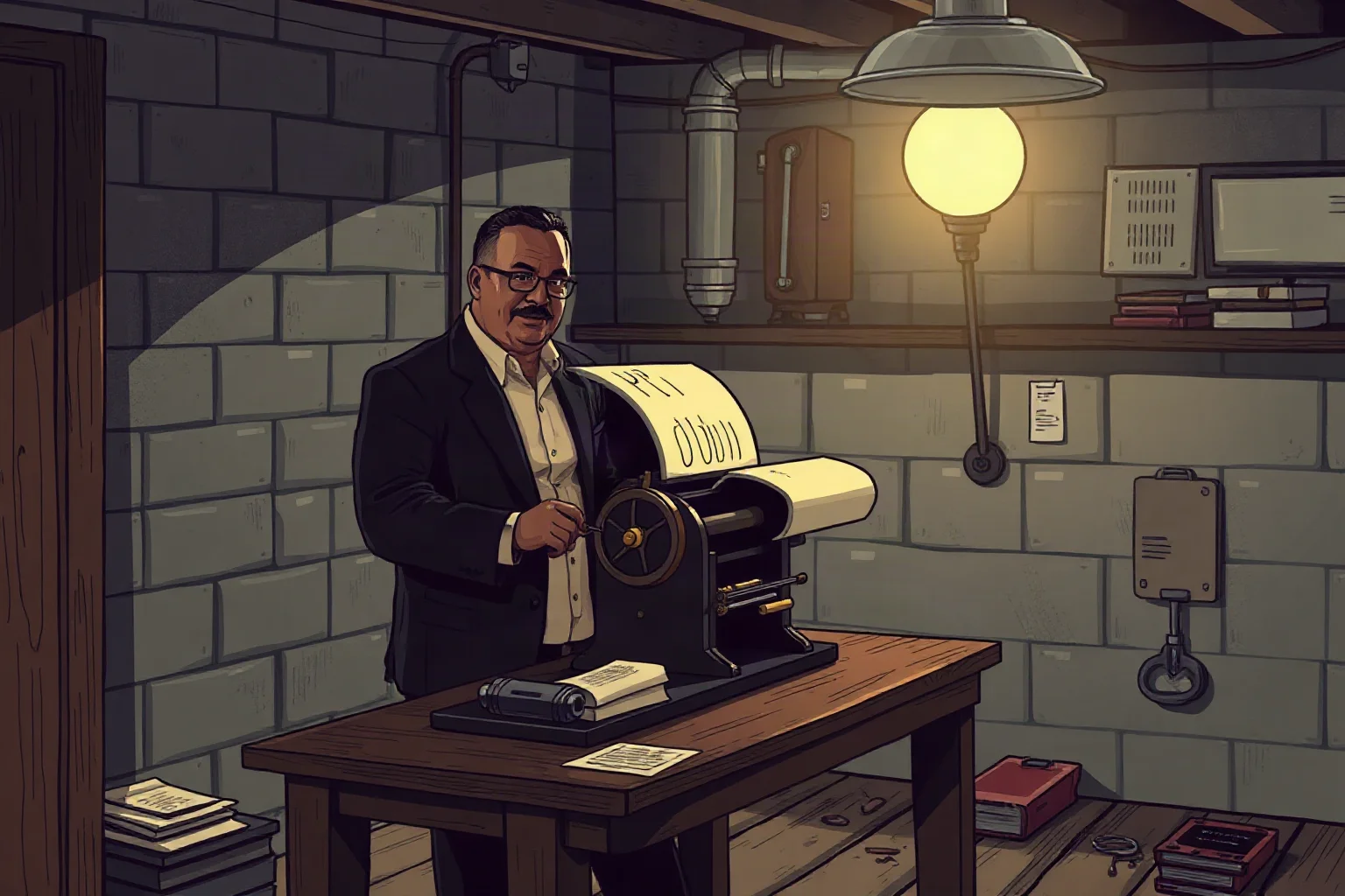 A hand-cranked mechanical printing duplicator on a wooden table in a dim basement room, illustration