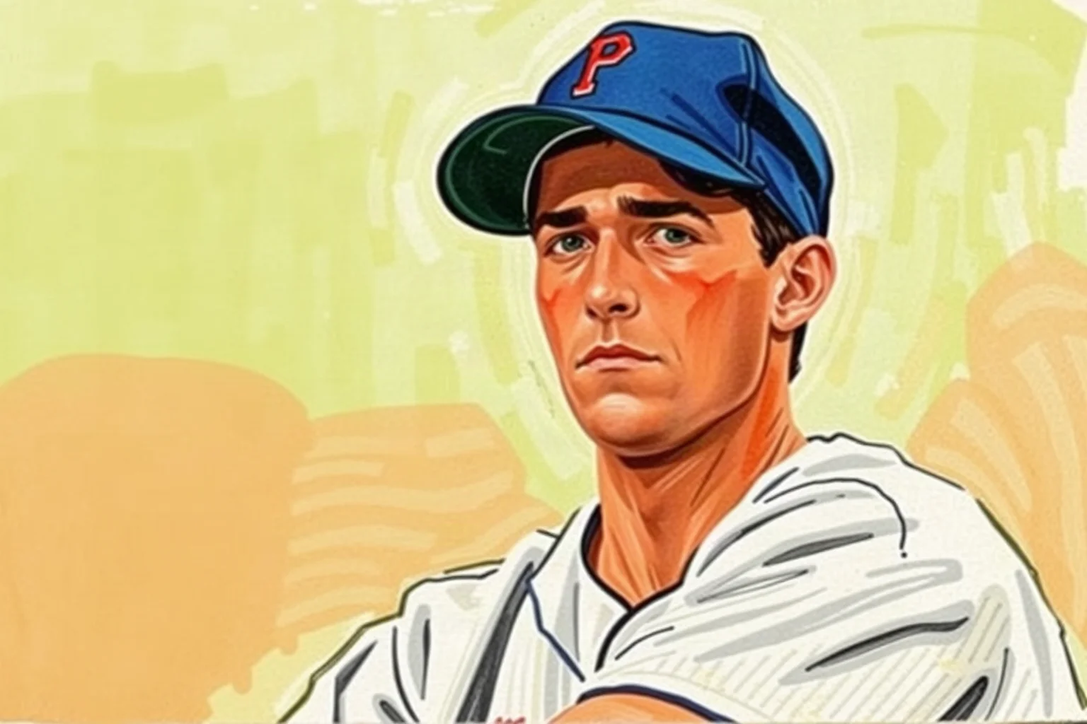 A hand-painted vintage baseball card style portrait of an unnamed pitcher with a rural, small-town look