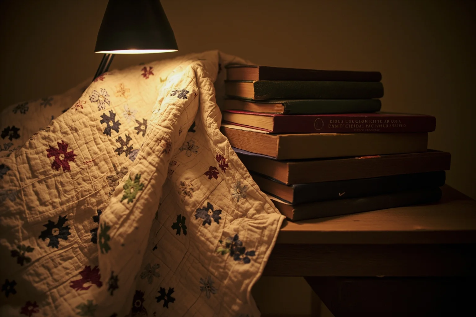 A handmade quilt draped over a stack of old novels in warm lamp light