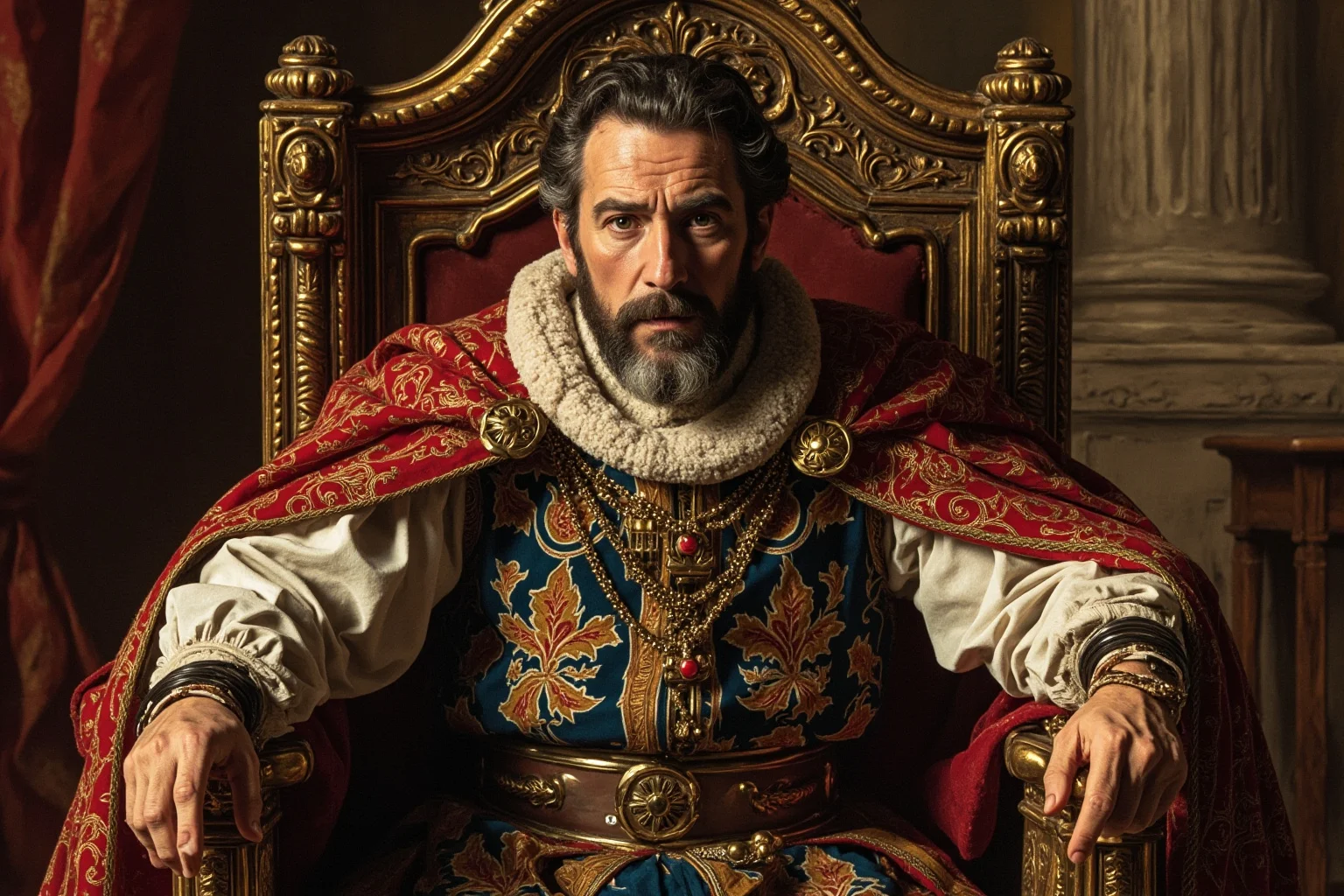 A handsome medieval French king in fine robes seated on an ornate throne, illustrative painting style