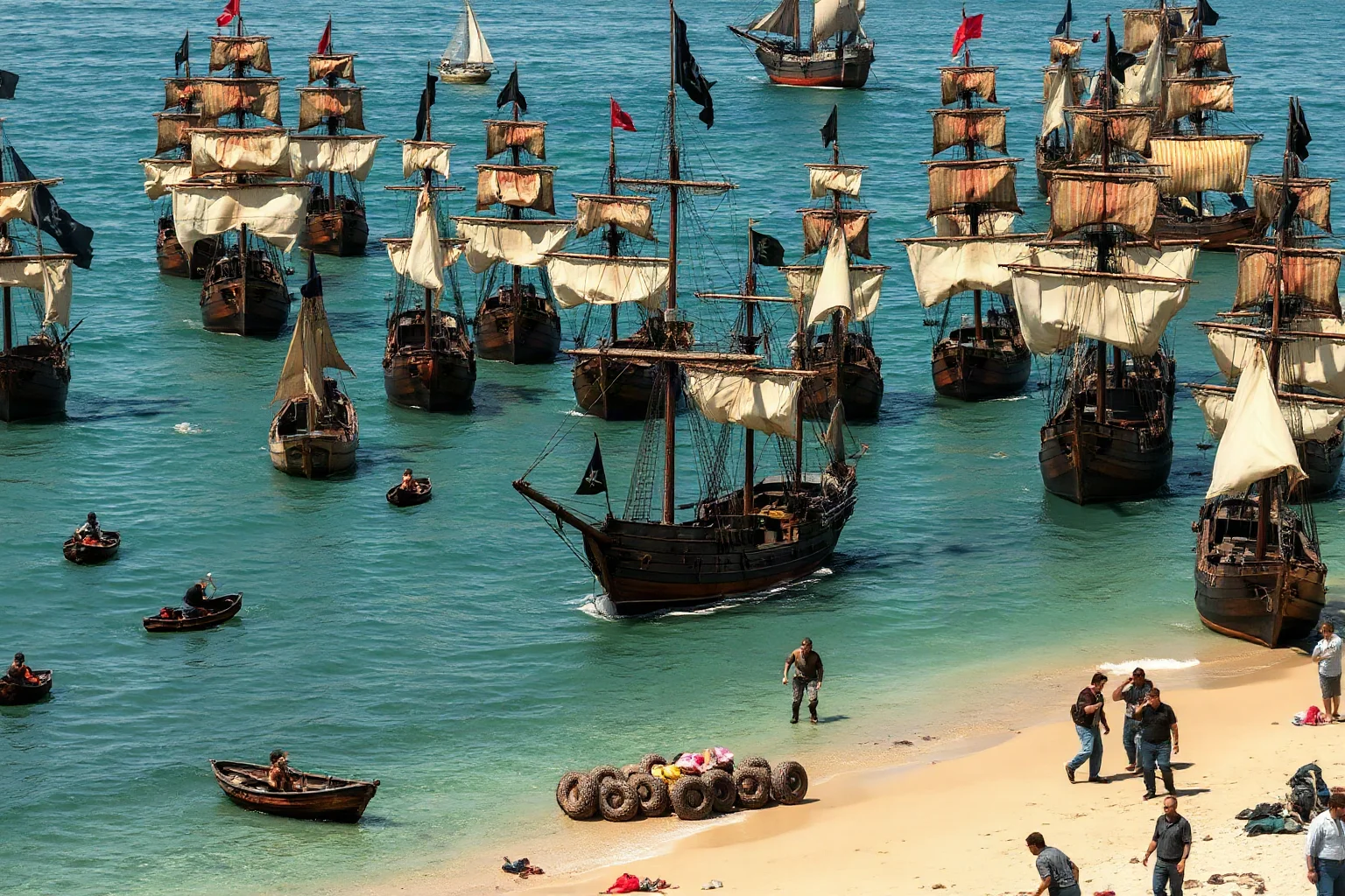 A harbor filled with about two dozen abandoned wooden sailing ships, with a pirate vessel flying black flags in the center, panicked crews fleeing to shore