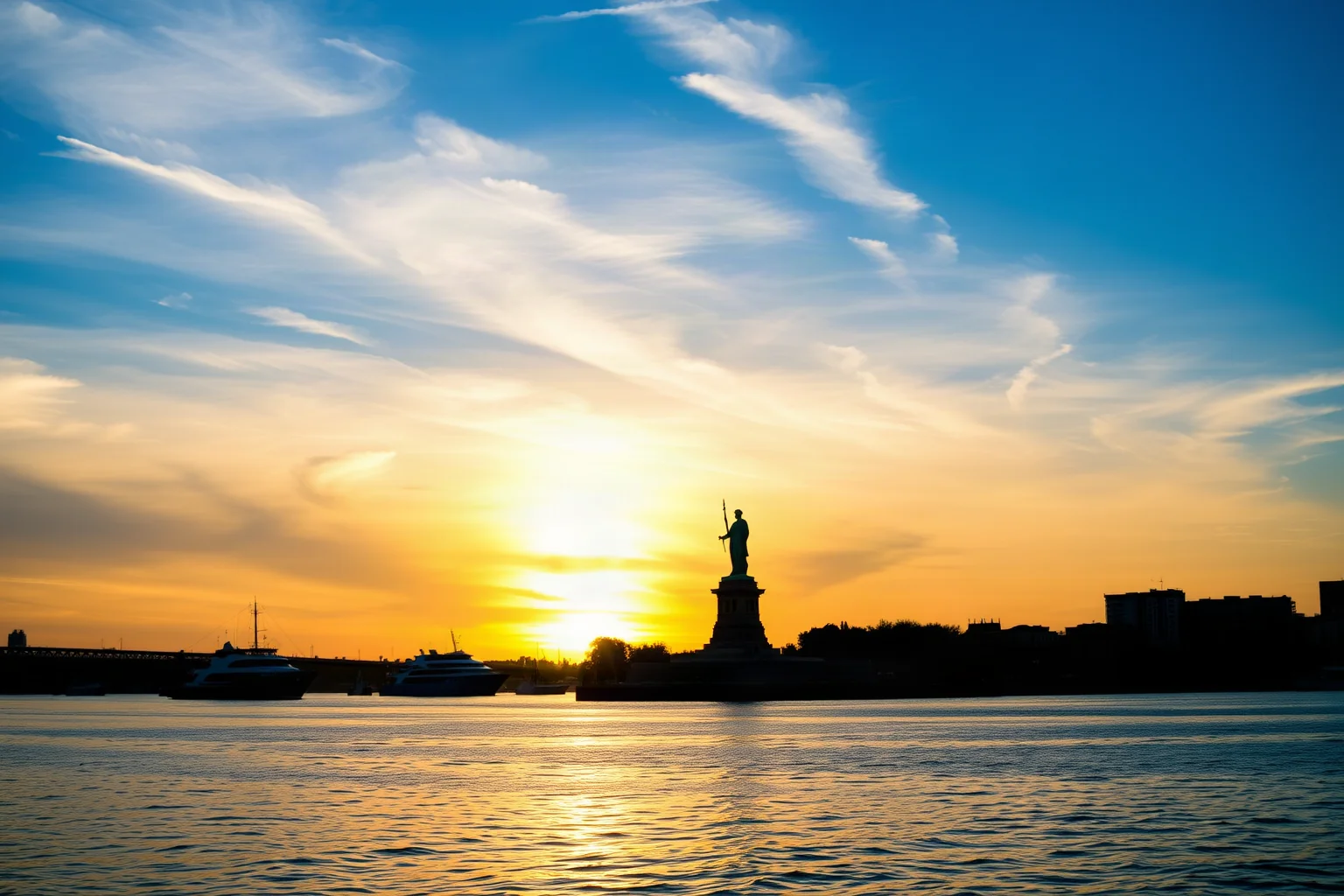 A harbor skyline at sunrise with a distant statue silhouette and ships arriving, symbolic hope theme
