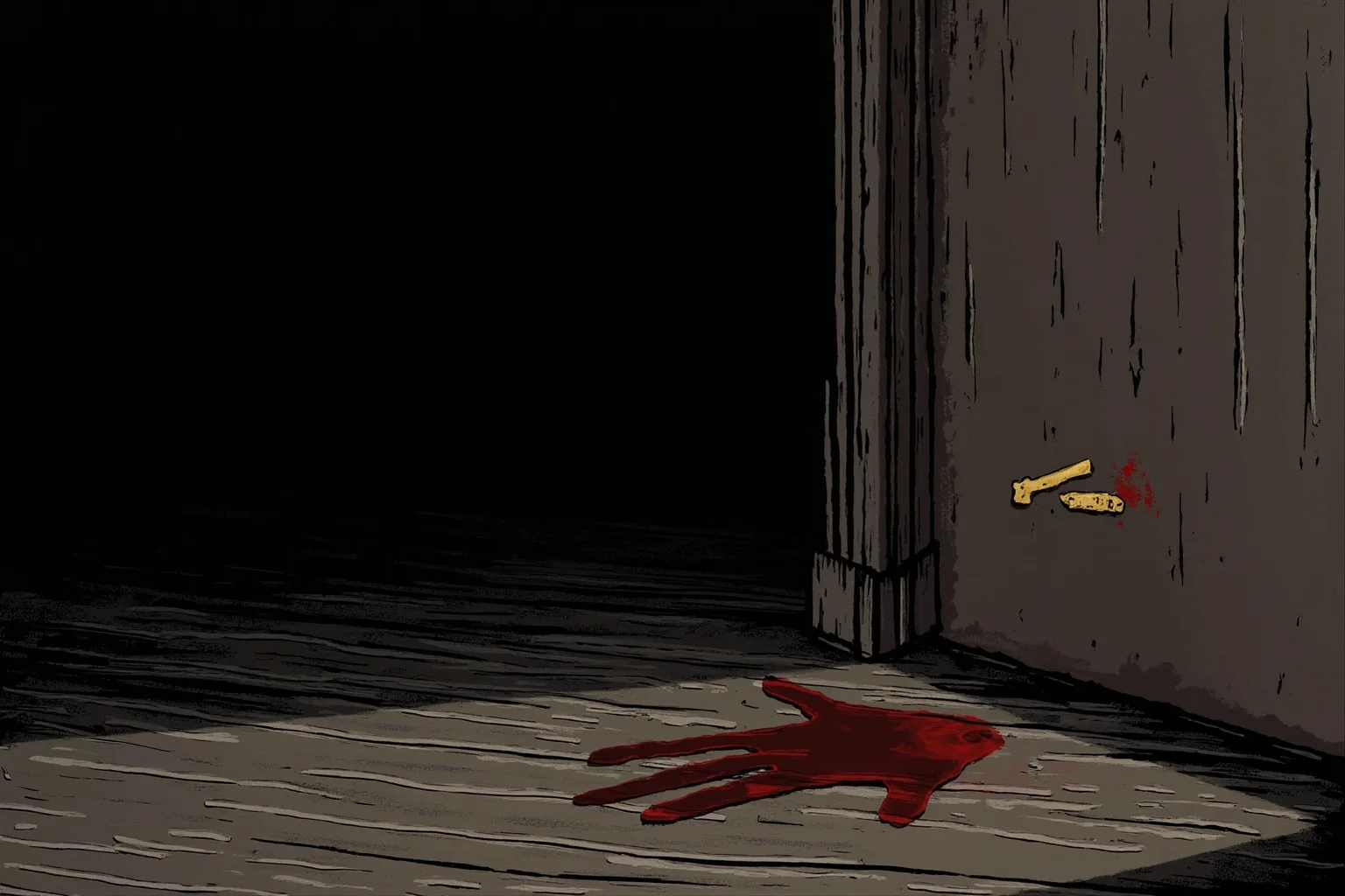 Grim Childhoods Indeed: The 20 Darkest Brothers Grimm Fairy Tales 7 A haunting illustration of a locked door with a small golden key and a bloody handprint on an old wooden floor