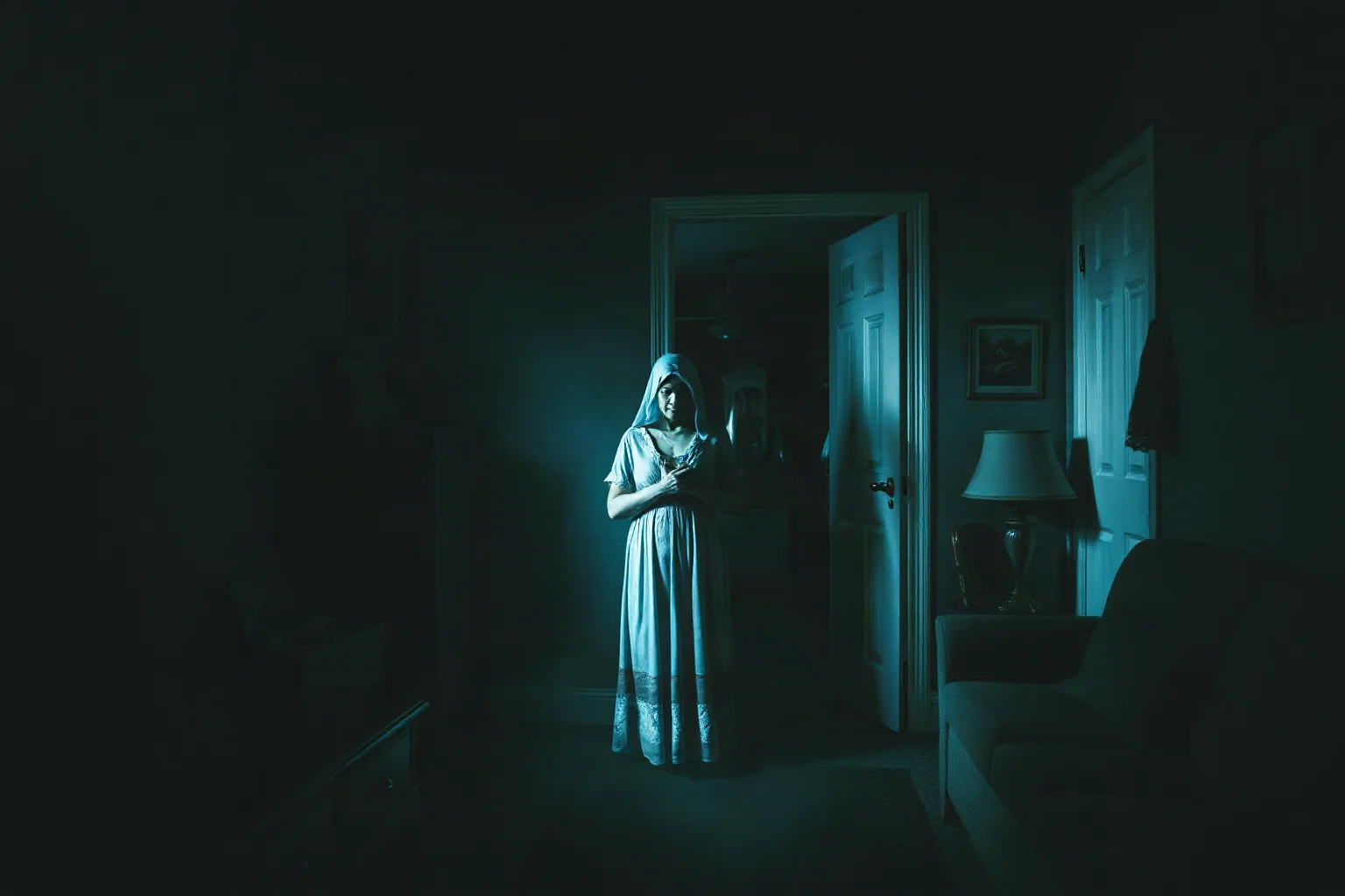 A haunting interior scene with a mother figure and ghostly presence in a modest home, conveying psychological trauma