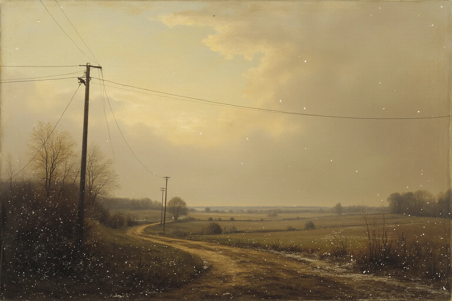 A hazy, ash-tinted sky over 19th-century farmland with snow falling in an unusual summer setting