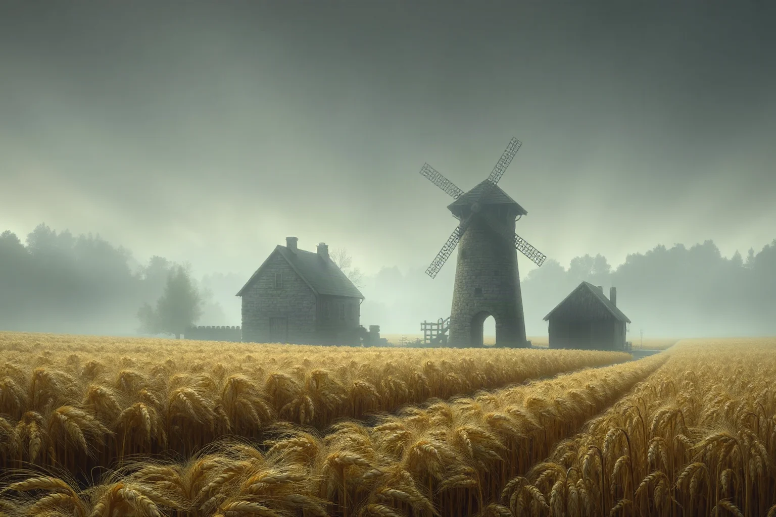 A hazy, dreamlike illustration of grain fields and a rustic medieval mill, representing damp rye crops
