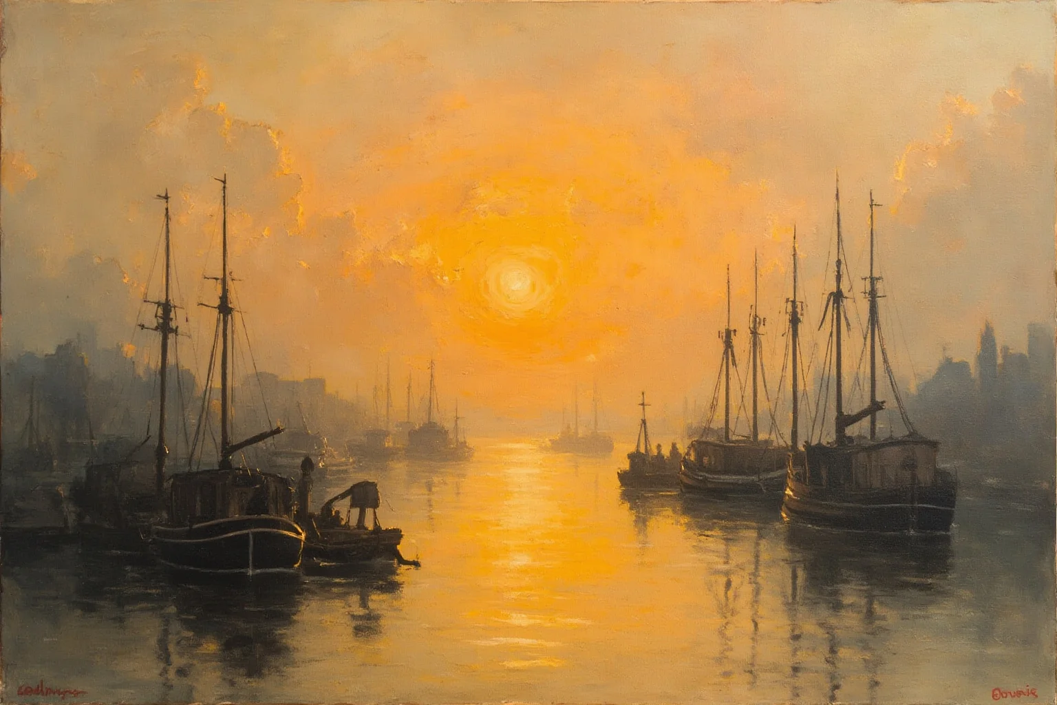 Amazing Facts About Claude Monet: His Life and 10 Greatest Paintings 4 A hazy harbor at dawn with small boats and an orange sun reflected on the water, impressionist painting style