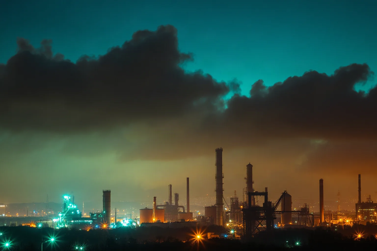 A hazy industrial skyline at night with toxic gas clouds drifting over a sleeping city, ominous greenish light