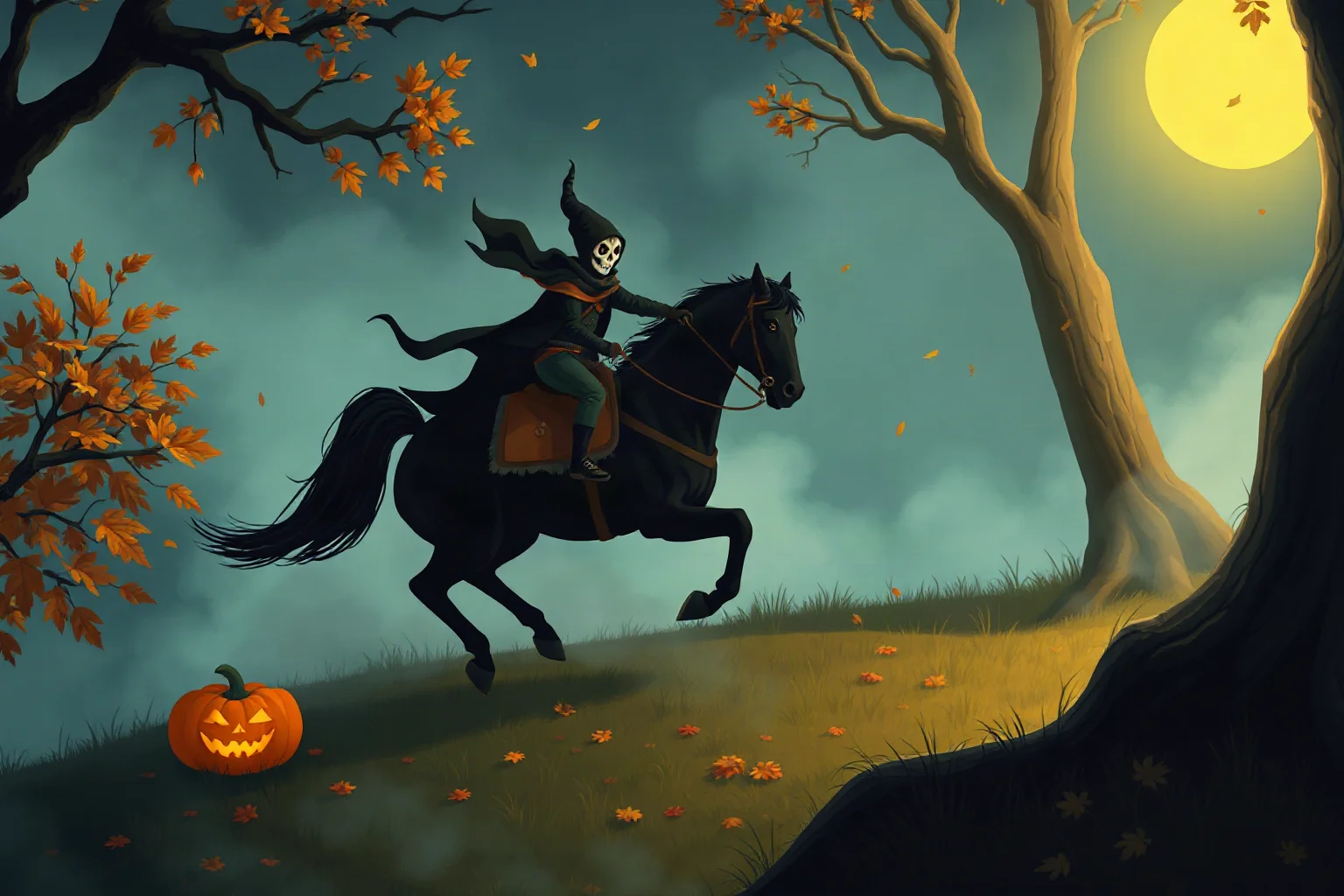 A headless rider on a black horse galloping through a foggy autumn forest at night, glowing pumpkin nearby, storybook illustration