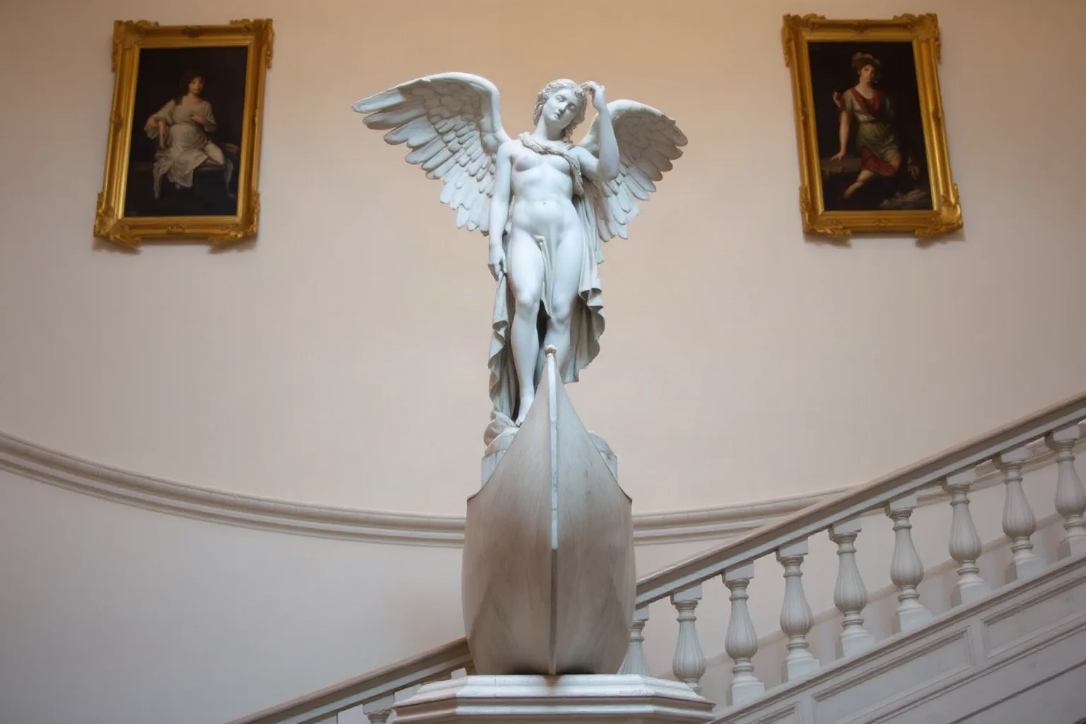 A headless winged marble figure atop a stone ship prow, displayed at the top of a grand staircase