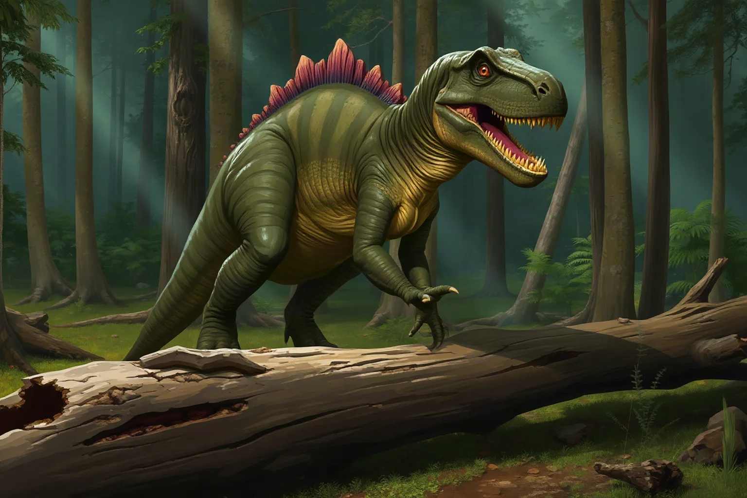 A heavily built Torvosaurus with blade-like teeth standing over a fallen log in a Jurassic forest, realistic paleoart style