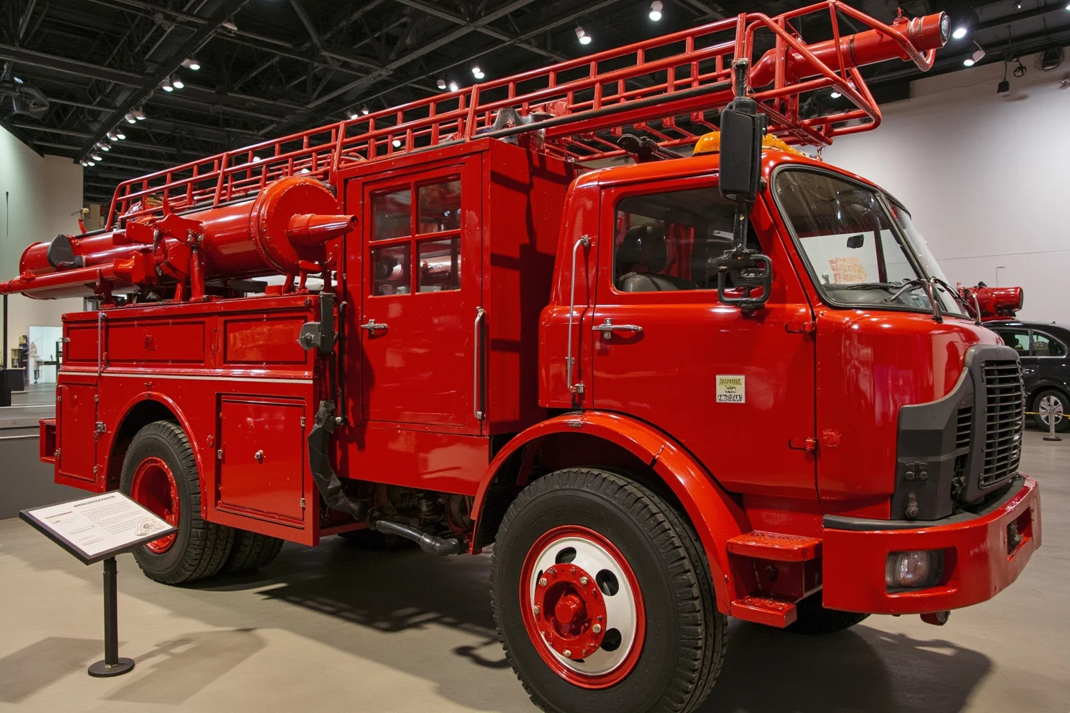 A heavily crushed red fire truck displayed inside a museum exhibition hall