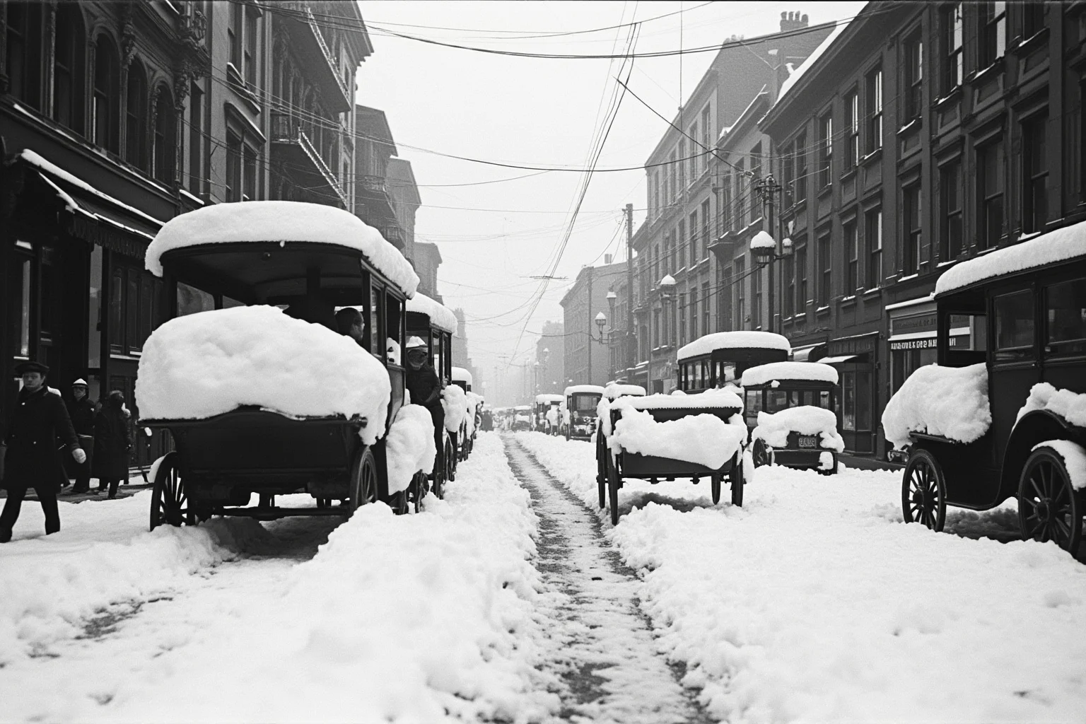 A heavily snowed-in 19th-century city street with buried carriages and snapped overhead wires