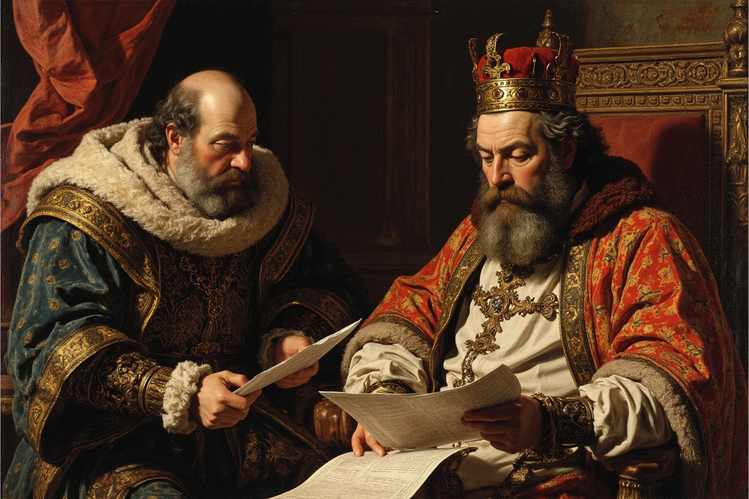 A heavyset medieval French king seated on a throne reviewing documents with an advisor, illustrative painting style