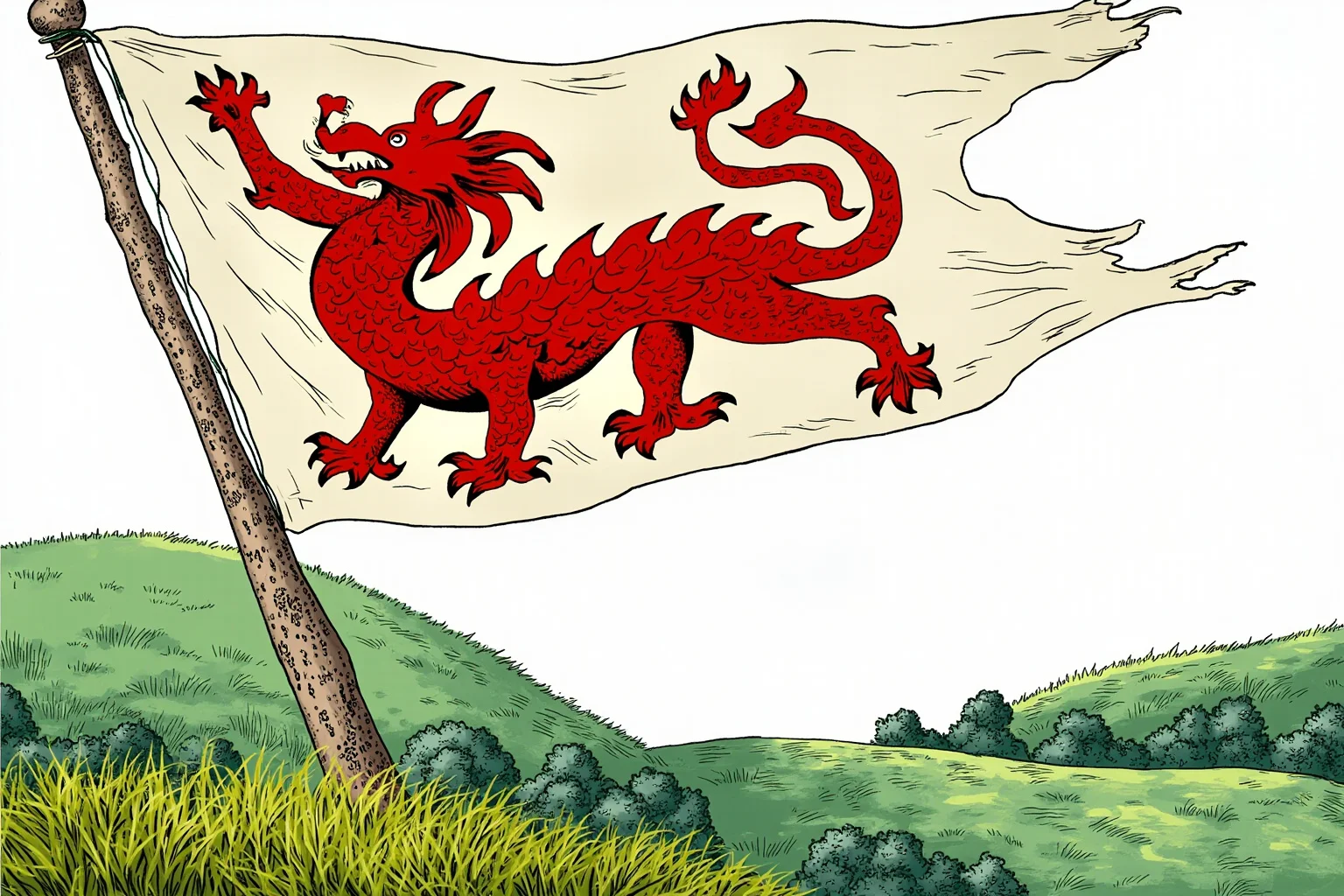 Famous Dragons Throughout History: Myths, Legends, and the Real Stories Behind Them 14 A heraldic-style illustration of a proud red dragon banner flying over a Welsh hillside