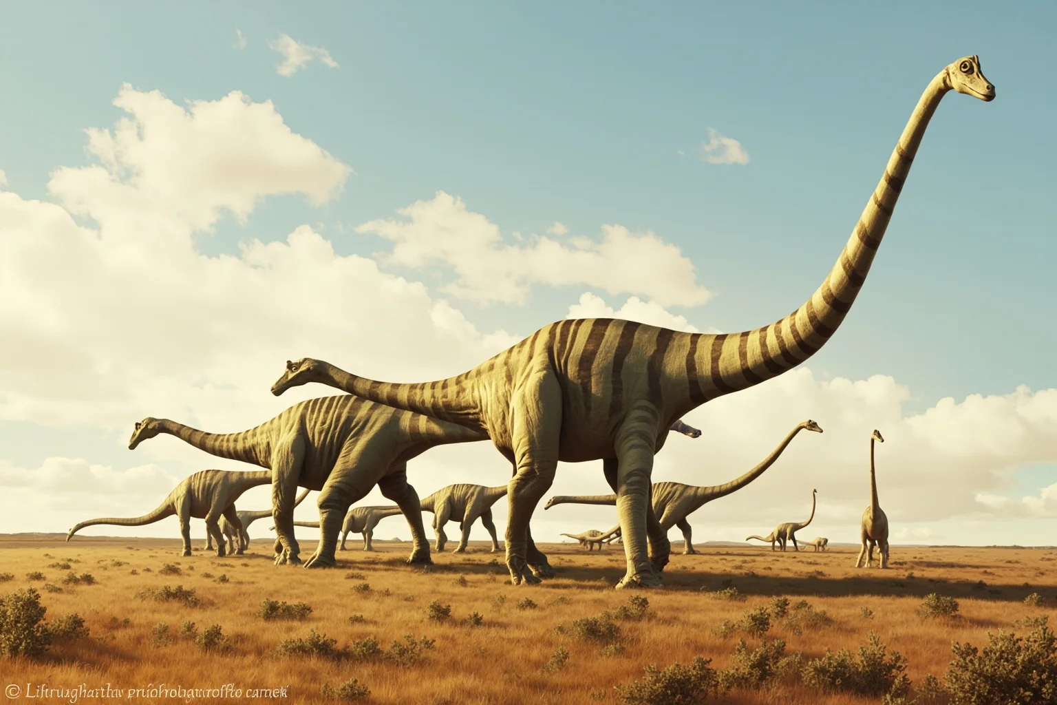 A herd of giant Patagotitan titanosaur dinosaurs walking across an open Cretaceous plain, realistic paleoart style