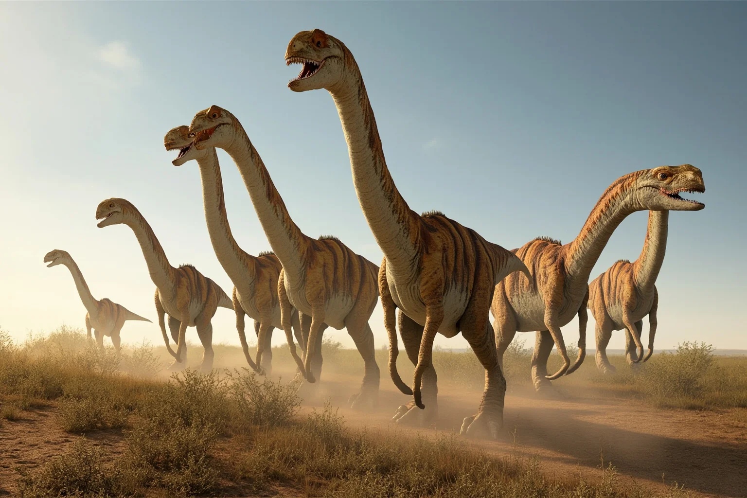 A herd of giant Patagotitan titanosaur dinosaurs walking across an open Cretaceous plain, realistic paleoart style